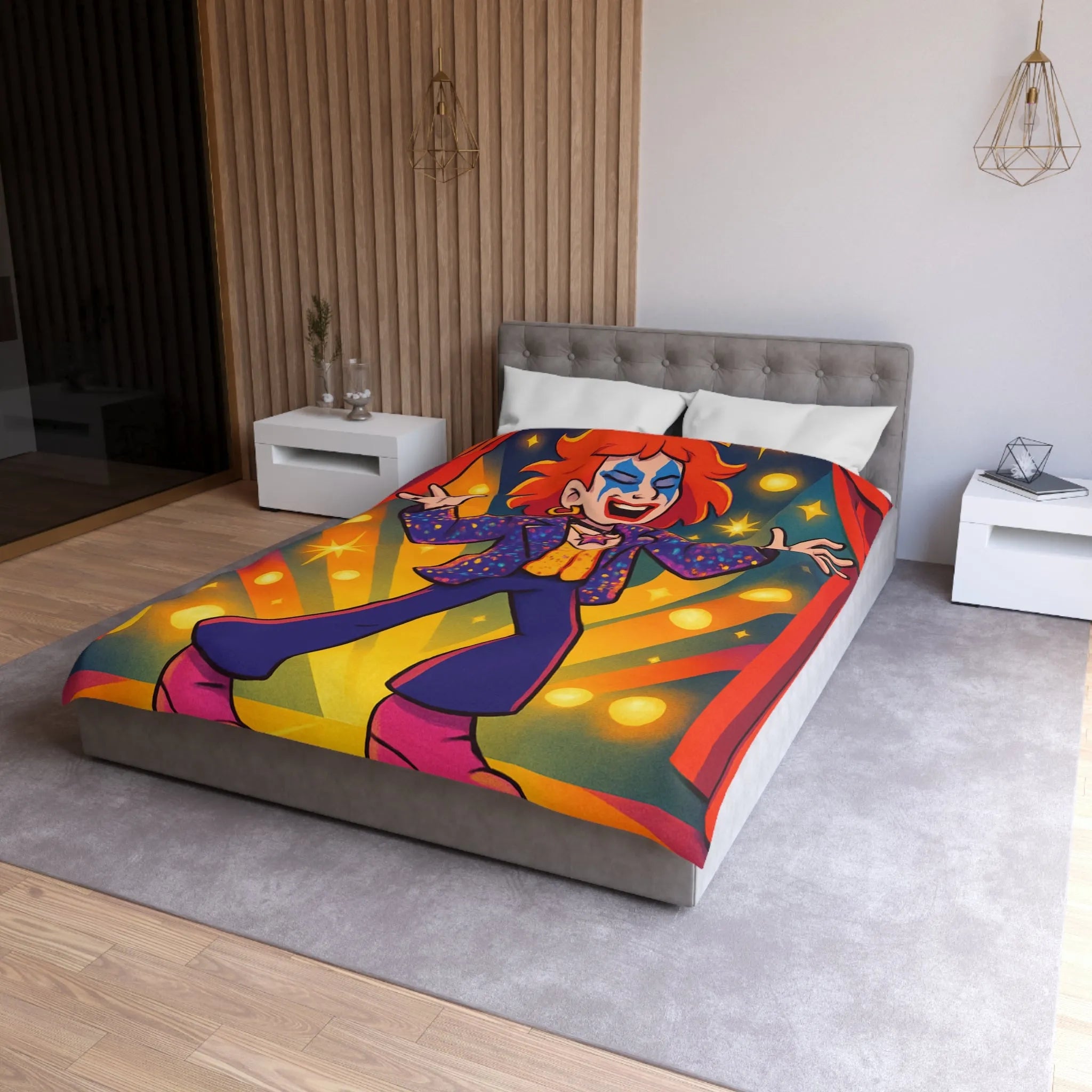 Housse de couette colorée avec personnage énergique sur scène, étoiles et rideaux rouges