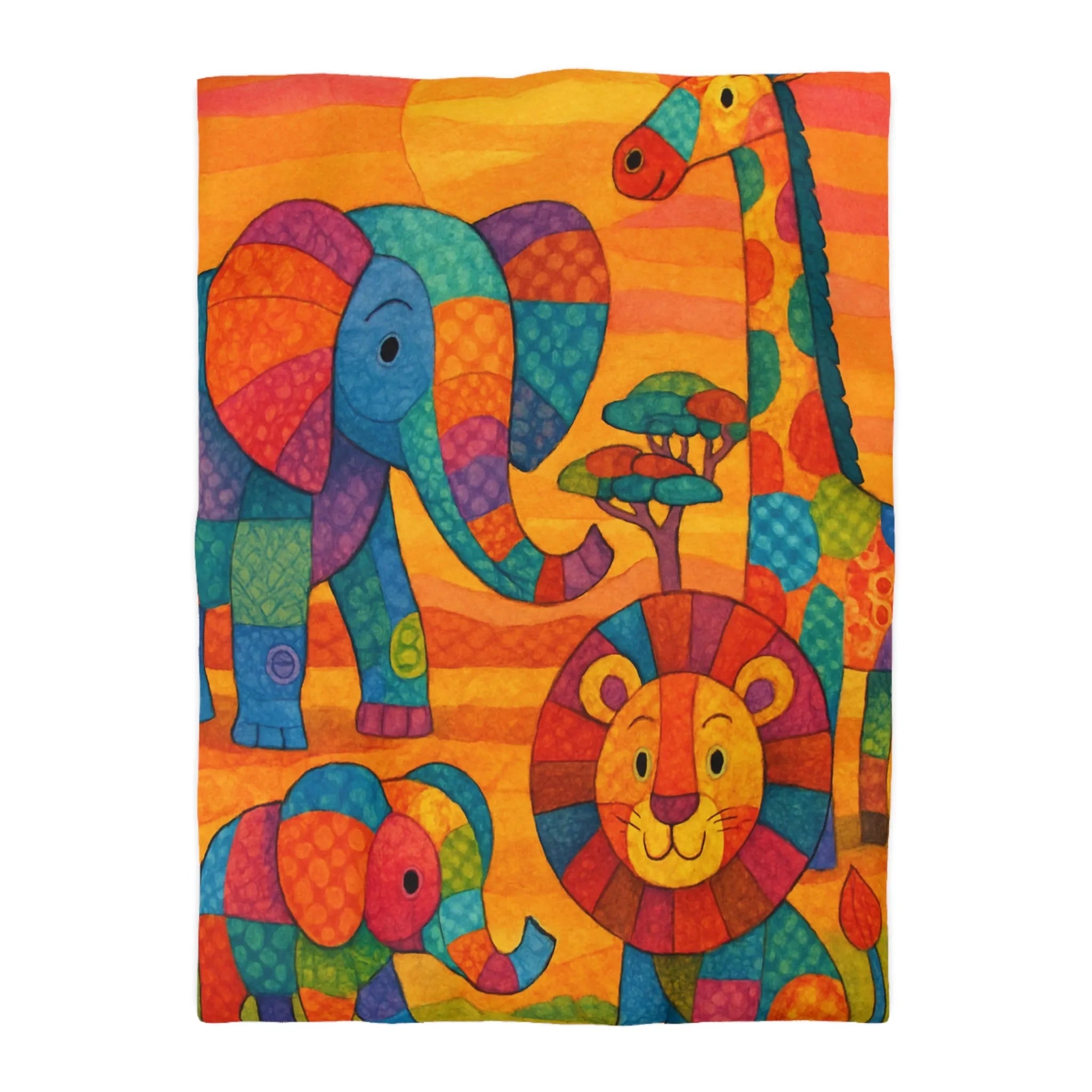 Housse de couette colorée avec éléphants, girafe et lion en style patchwork