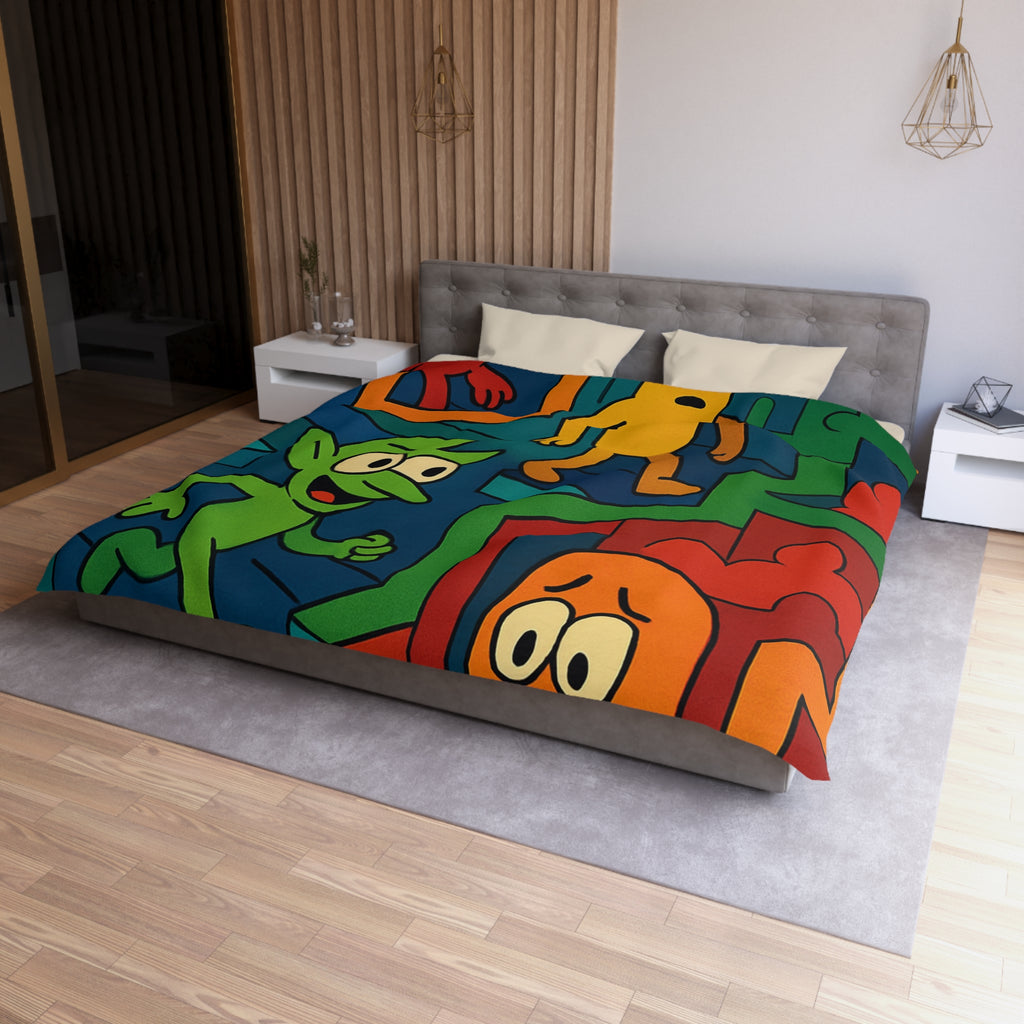 Housse de couette multicolore avec labyrinthes et personnages fantaisistes en motifs géométriques