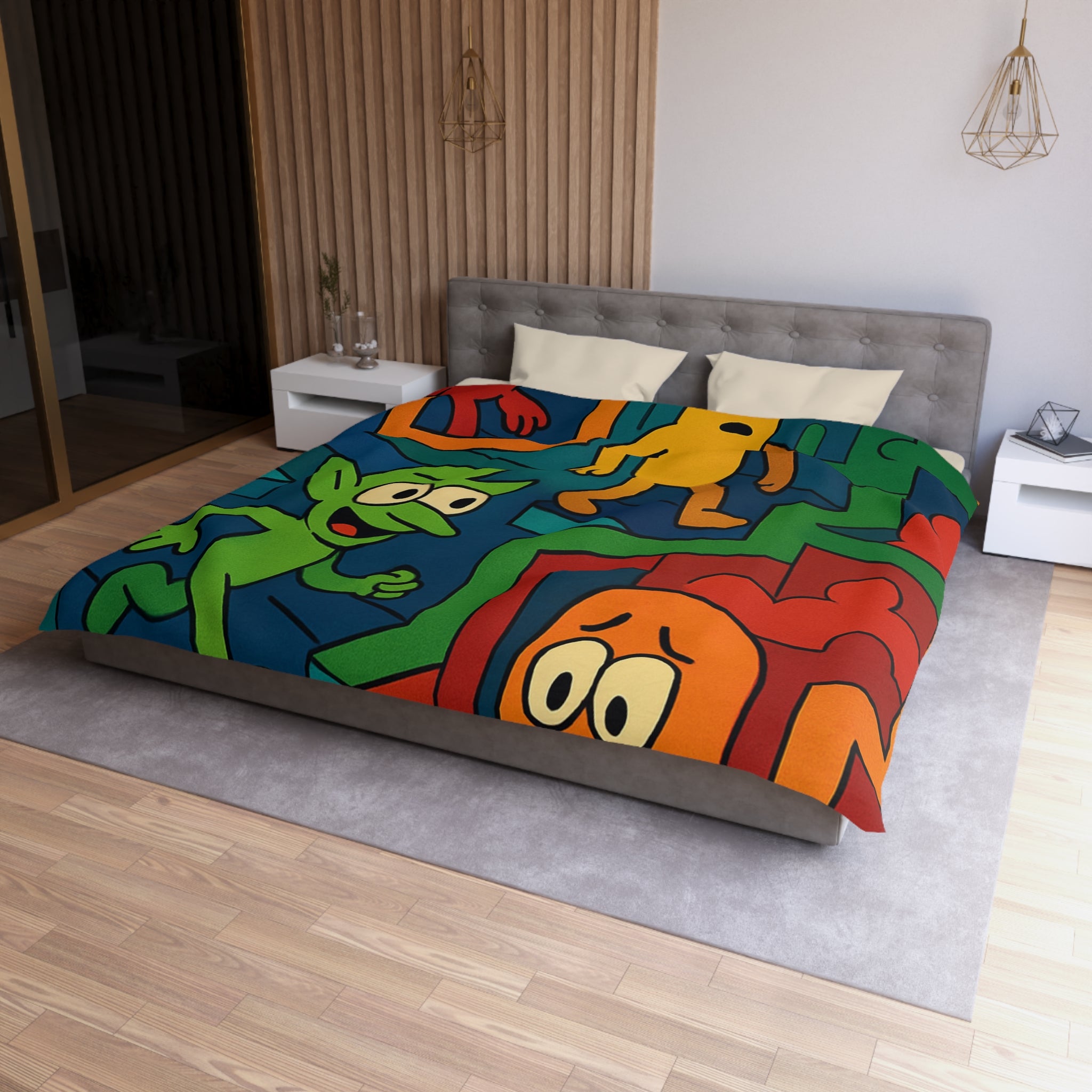 Housse de couette multicolore avec labyrinthes et personnages fantaisistes en motifs géométriques