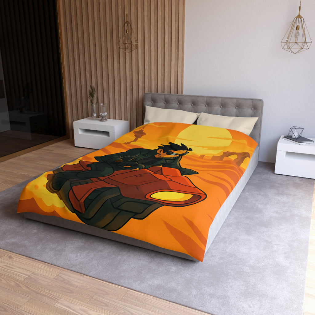 Housse de couette moto futuriste sur désert orangé avec soleil couchant et ruines