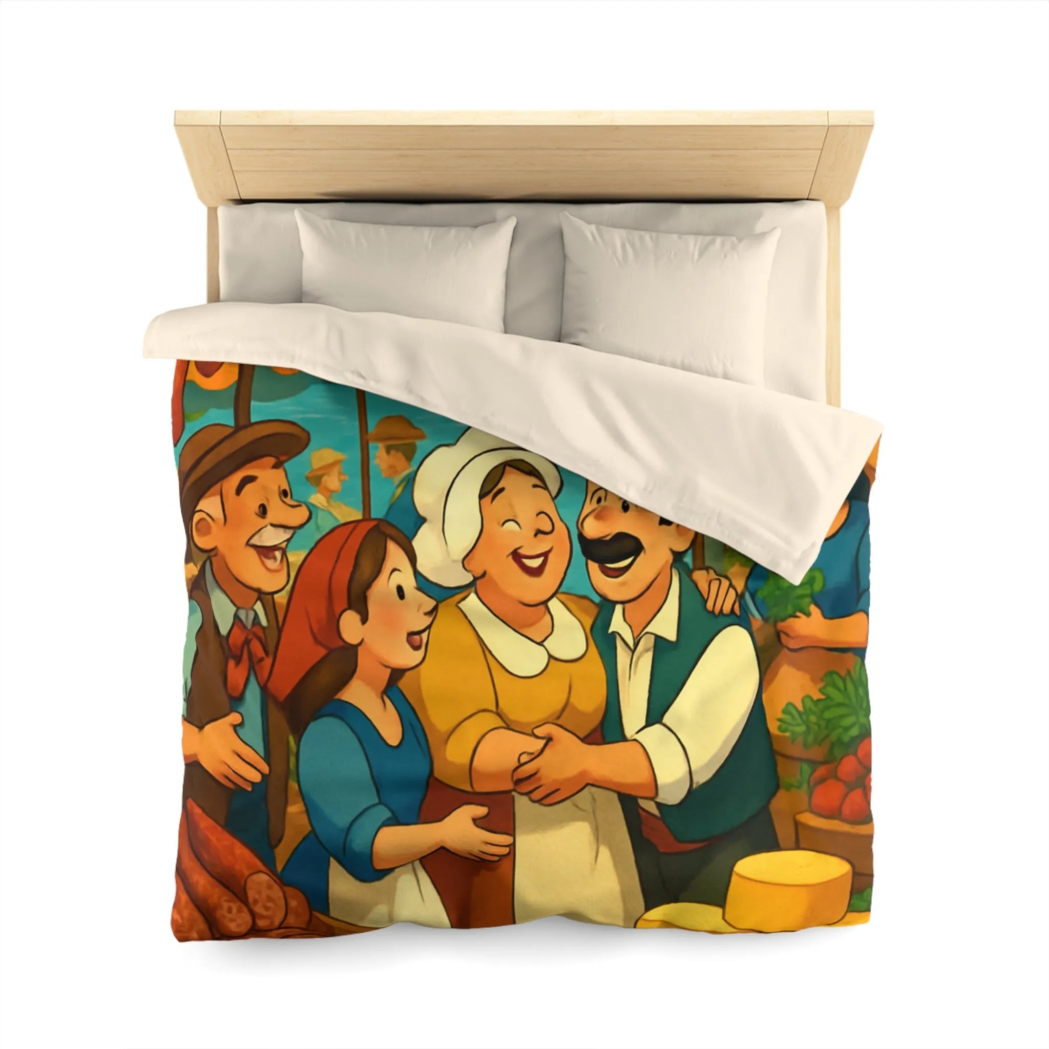 Housse de couette ambiance marché méditerranéen avec village en bord de mer