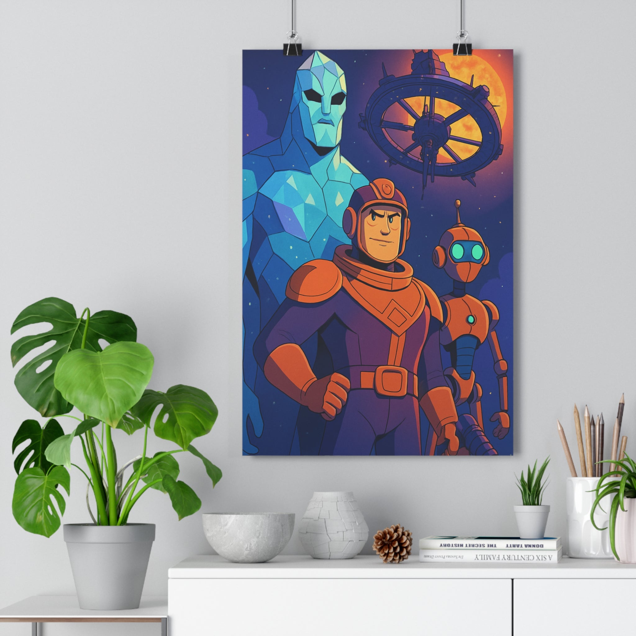 Poster décoratif futuriste bleu orange violet cartoon aventure dynamique chambre bureau personnages spatiaux ambiance