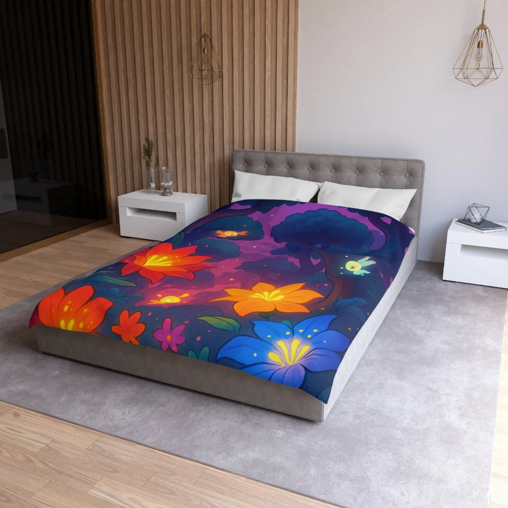Housse de Couette avec Fleurs Lumineuses et Paysage Enchanté de Forêt Magique Nocturne
