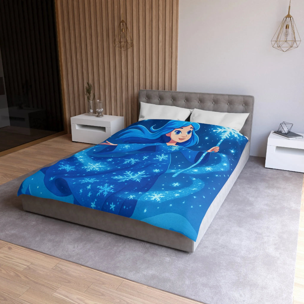 Housse de couette enfantine bleue avec fée magique dans ciel étoilé hivernal