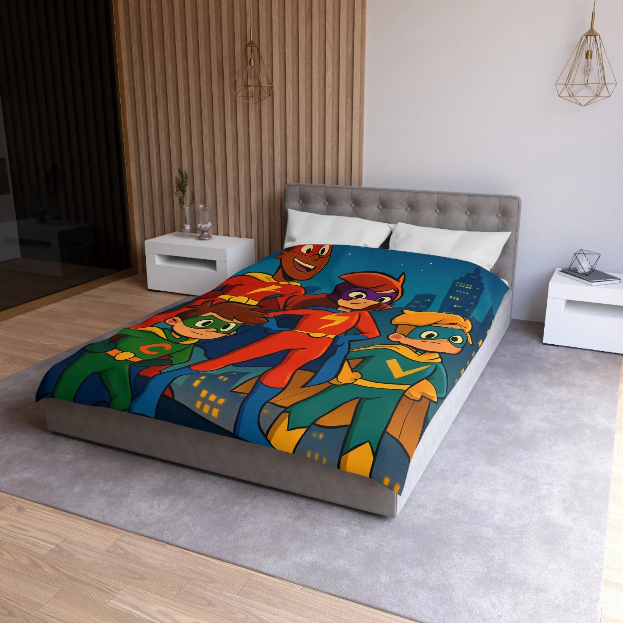 Housse de couette colorée super-héros pour enfants avec scène urbaine lumineuse et joyeuse