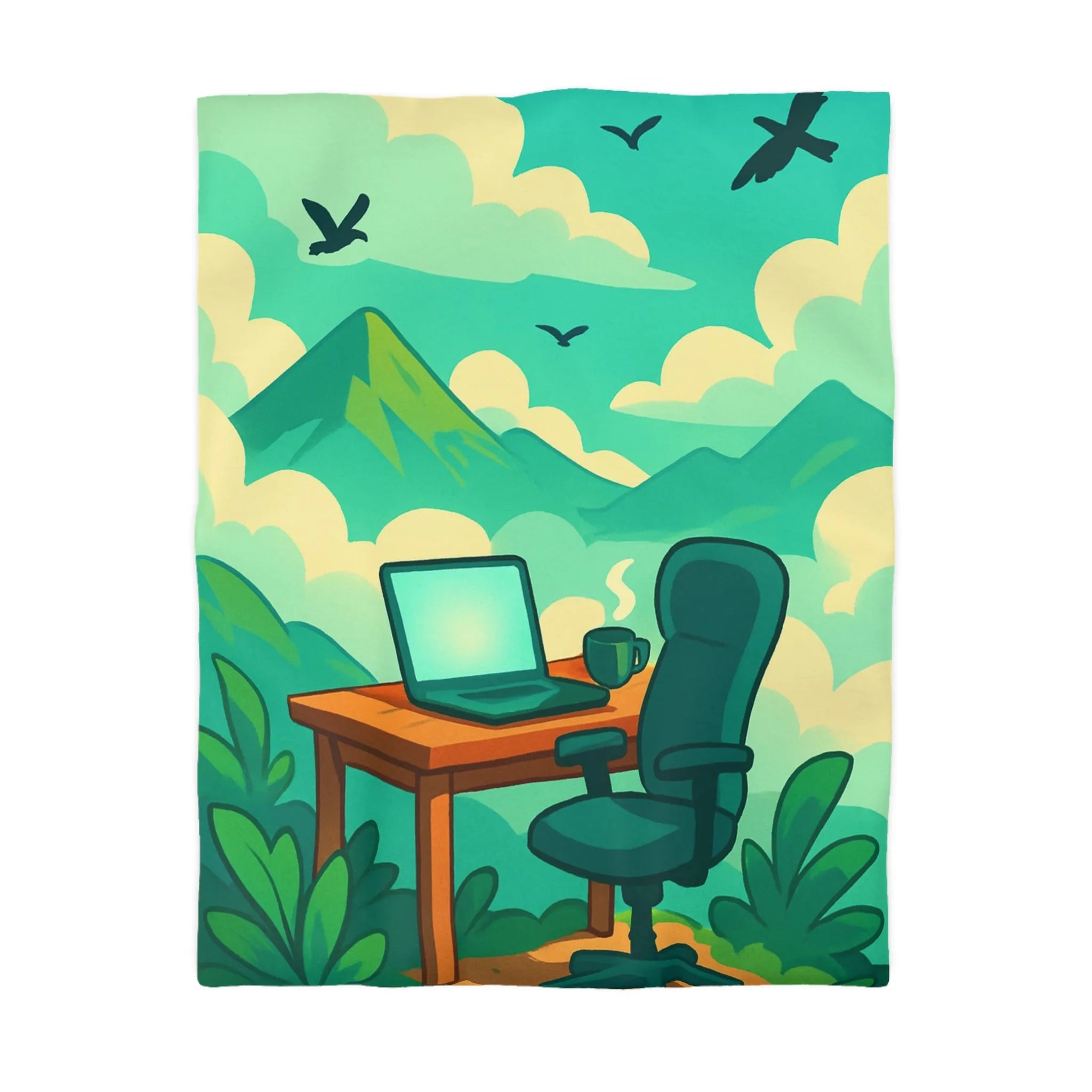 Housse de couette avec paysage de montagne, nature verdoyante, bureau et ciel serein