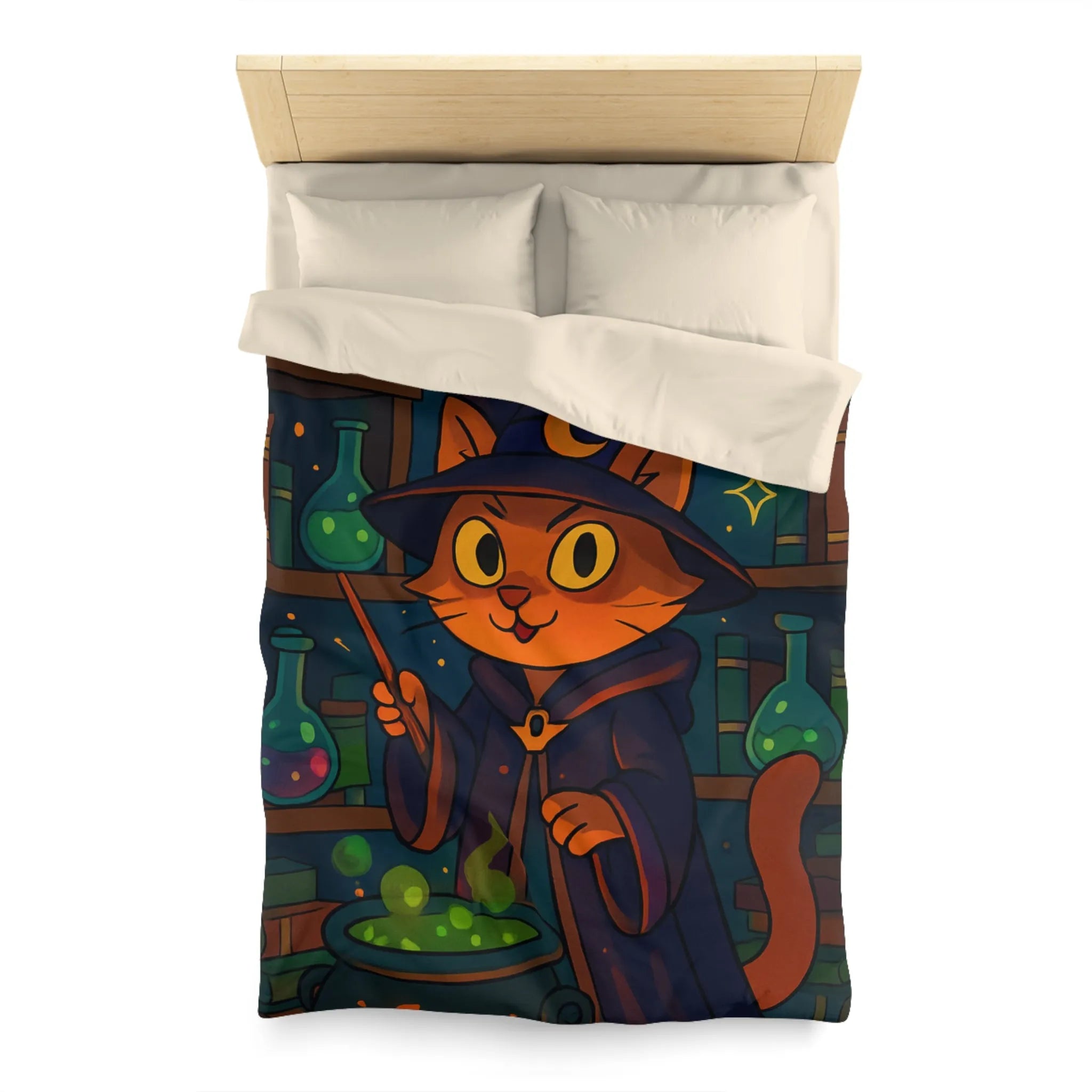 Housse de couette magique avec chat sorcier, chaudron et bibliothèque alchimiste enchanteresse