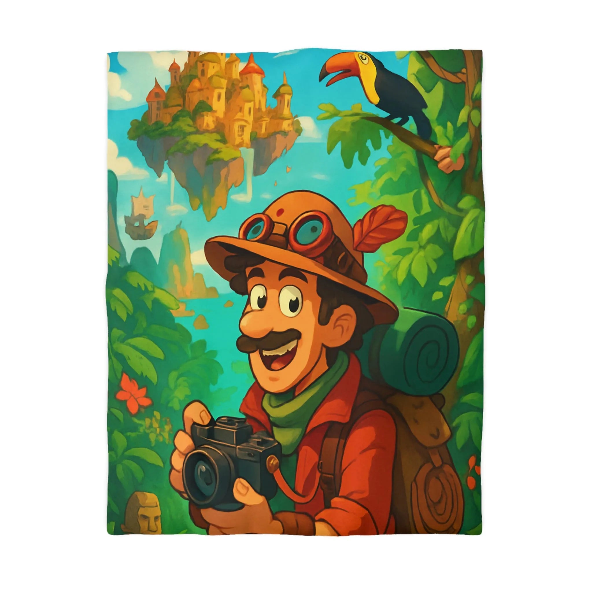 Housse de couette illustrée avec explora-monde et château volant dans jungle exotique