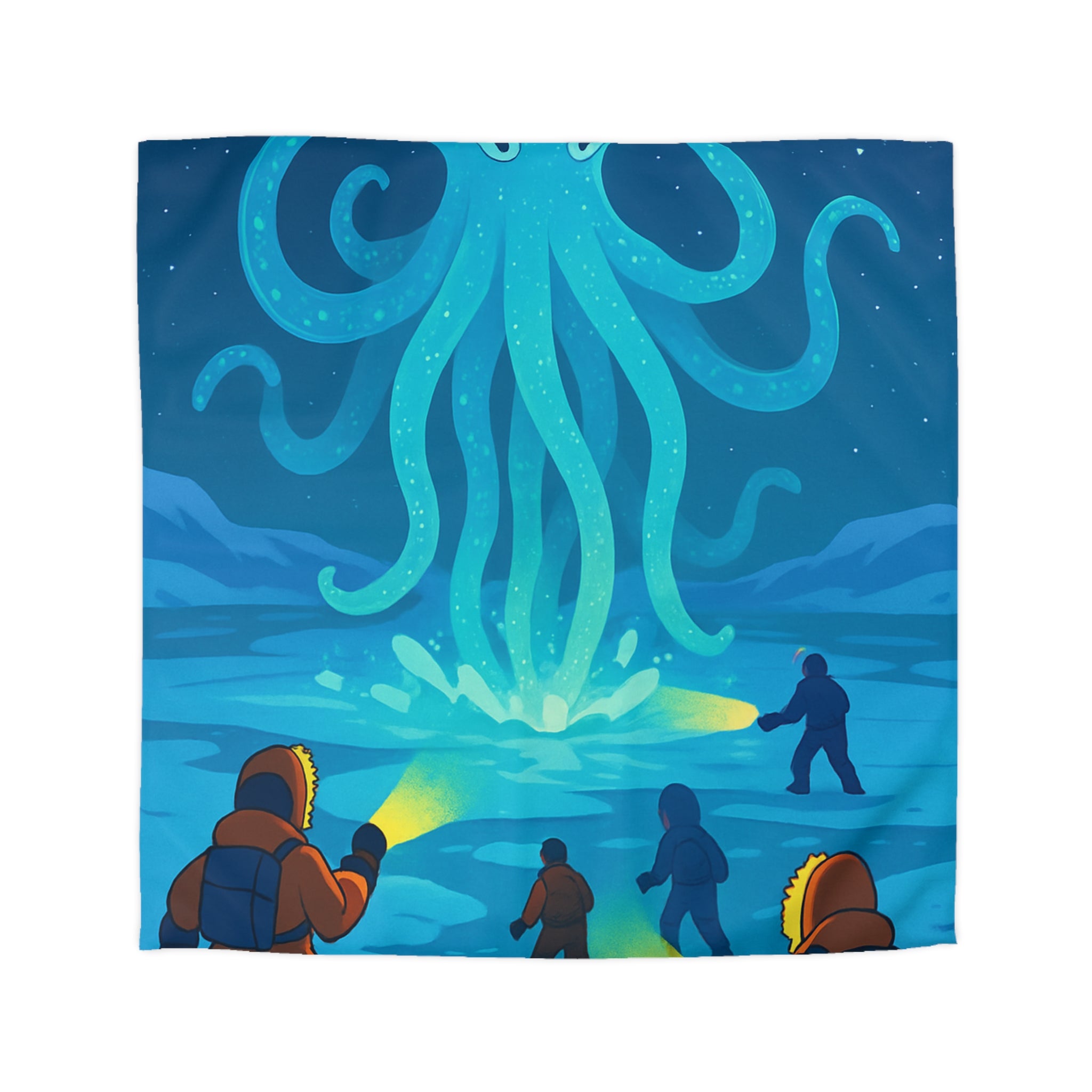 Nuit polaire avec pieuvre géante luminescente sous ciel étoilé et aventuriers en doudoune