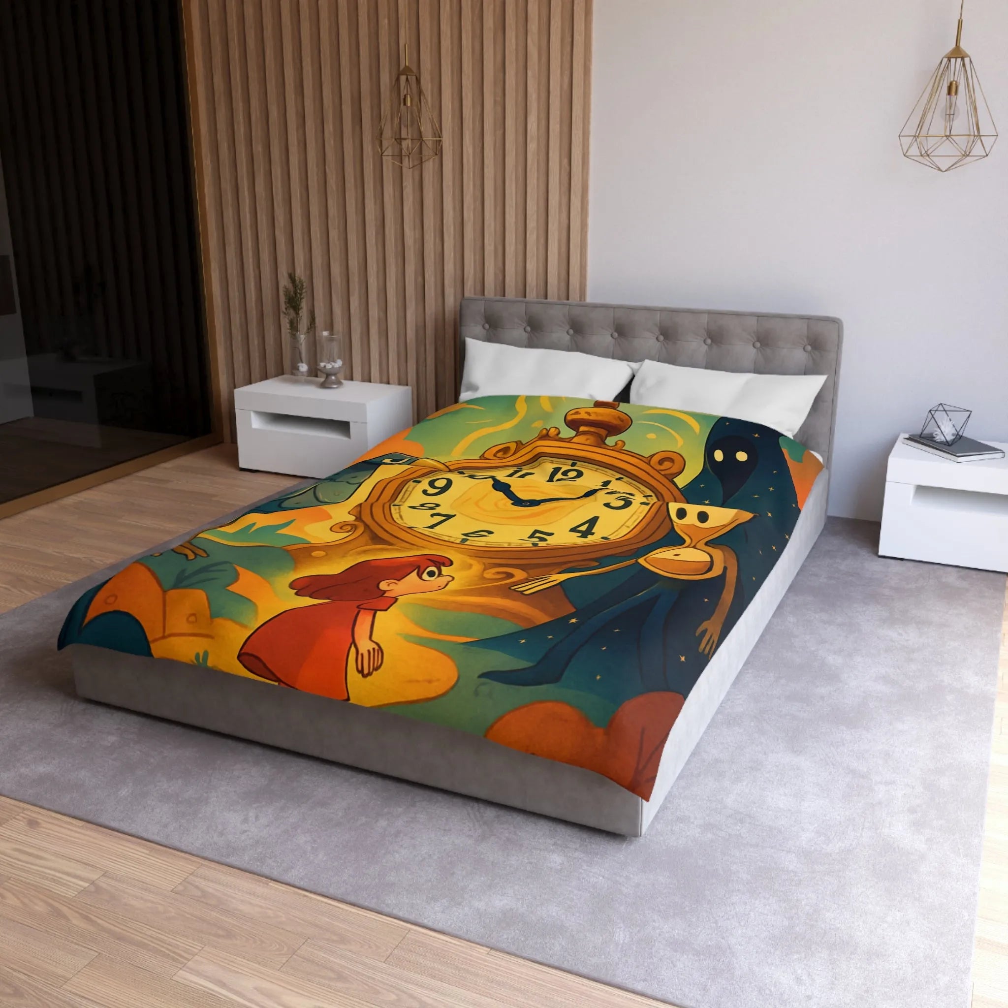 Housse de couette fantastique avec horloge magique et personnages mystérieux en illustration onirique