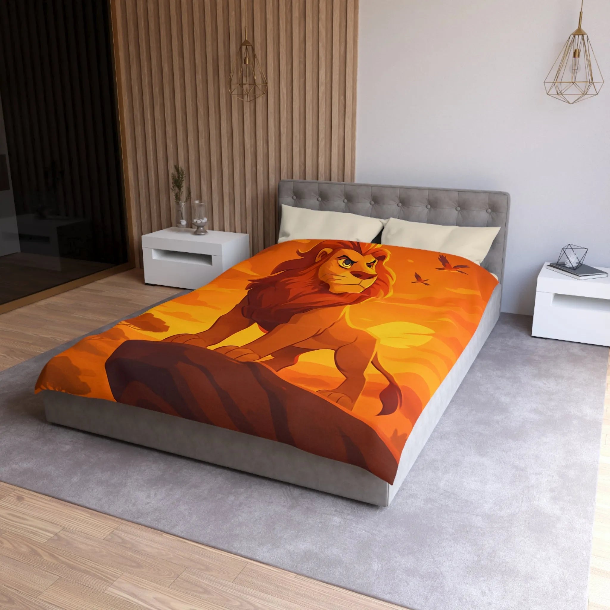 Housse de Couette Lion Majestueux au Coucher du Soleil pour Chambre Thématique Safari