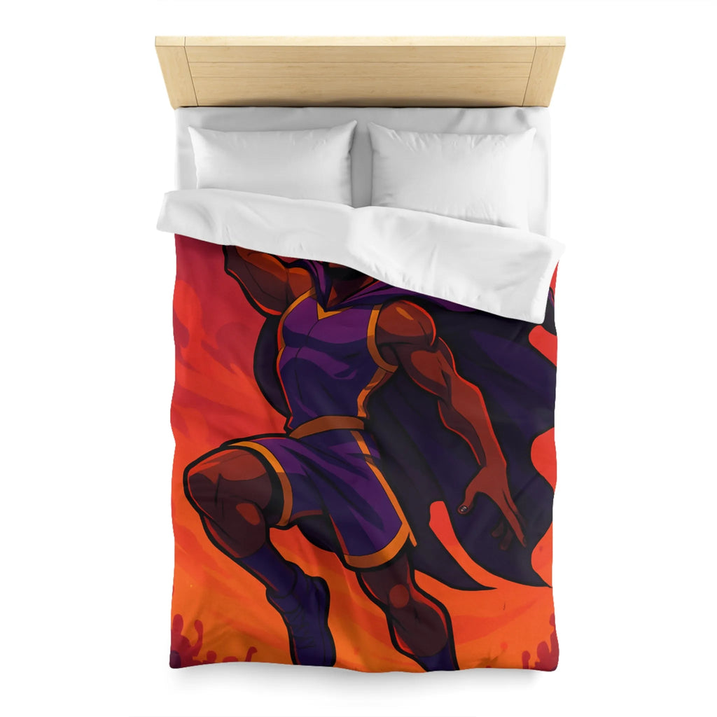 Housse de couette homme volant avec cape et ballon lumineux sur fond orange