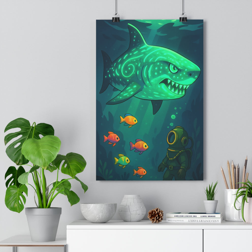 Poster décoratif cartoon bleu orange aventure marin chambre enfant requin lumineux art ambiance unique