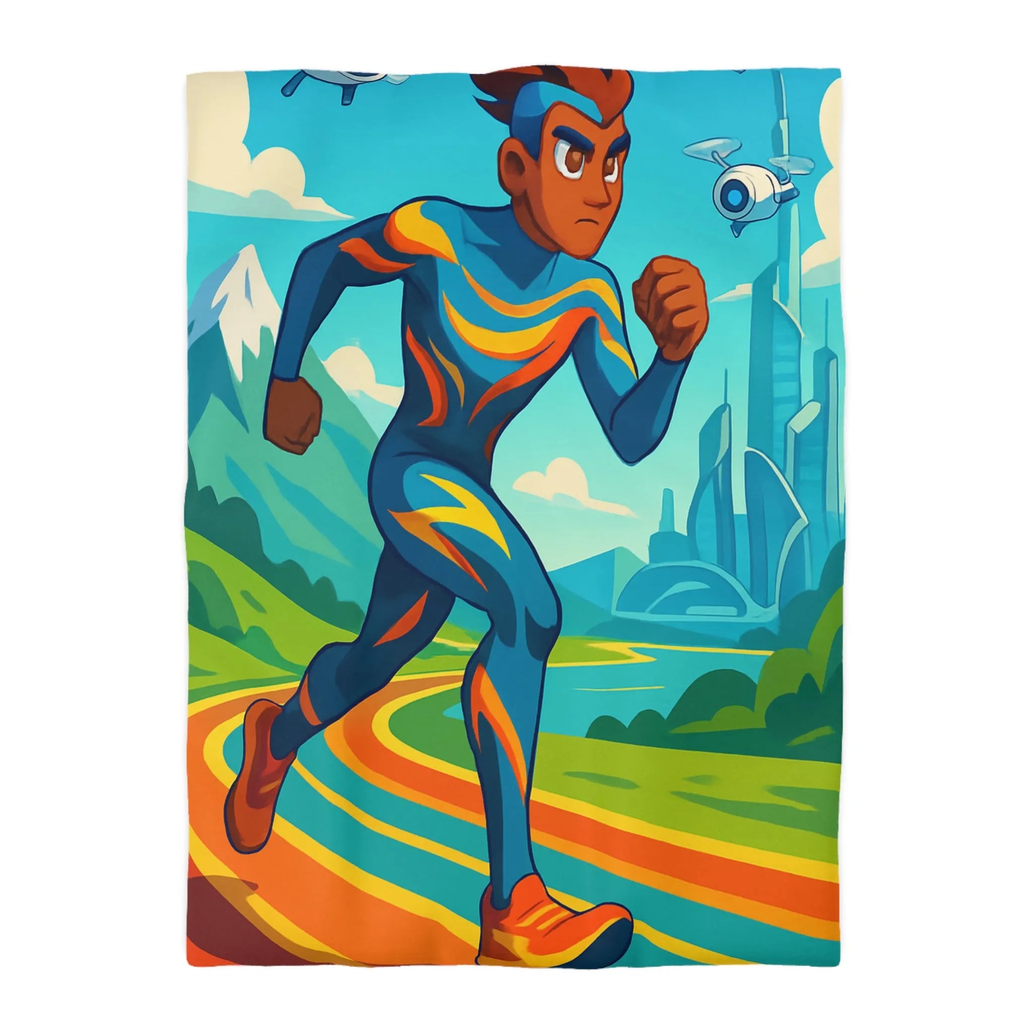 Housse de couette colorée pour chambre futuriste avec coureur et drones volants