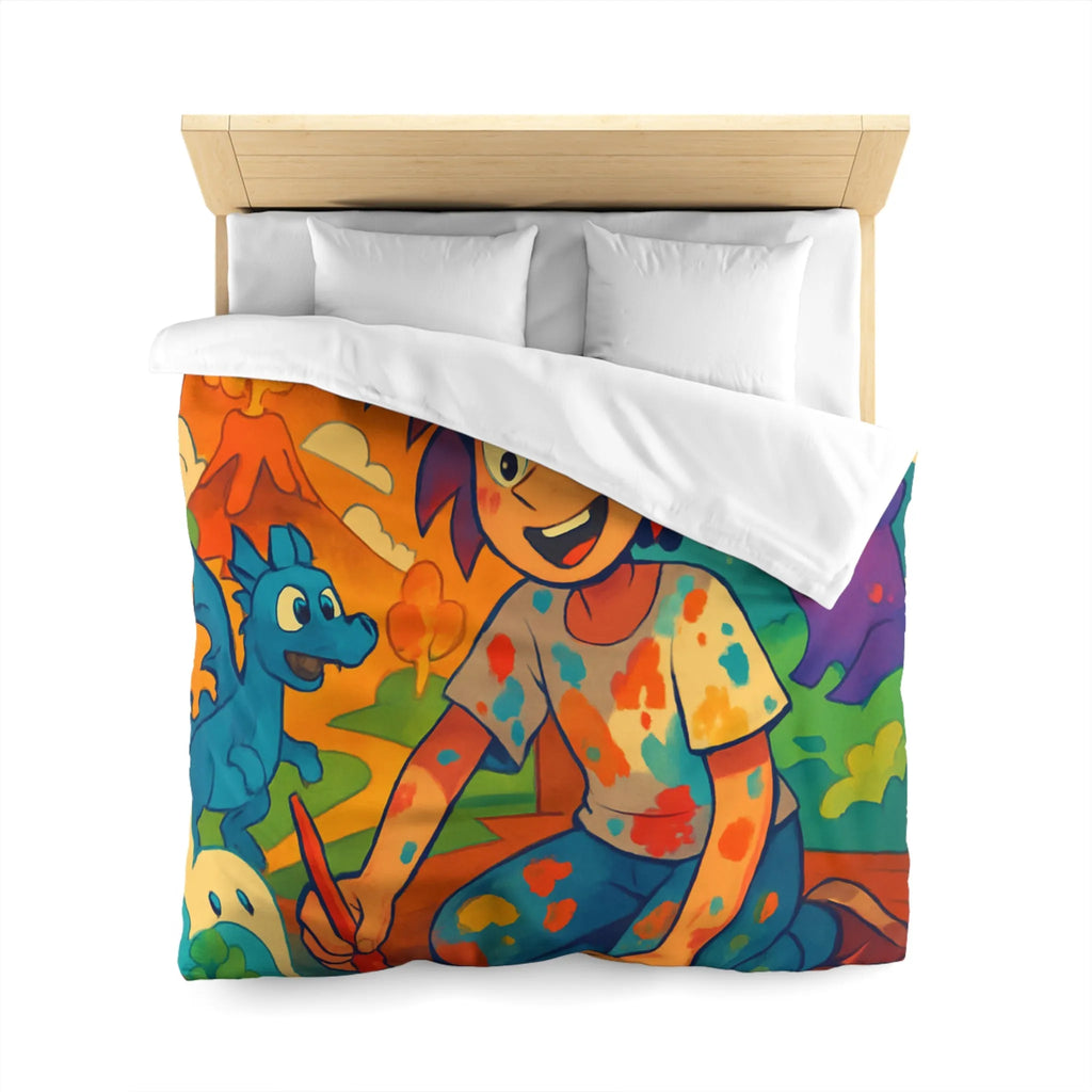 Housse de couette colorée illustrée avec enfant créatif et créatures fantastiques joyeuses