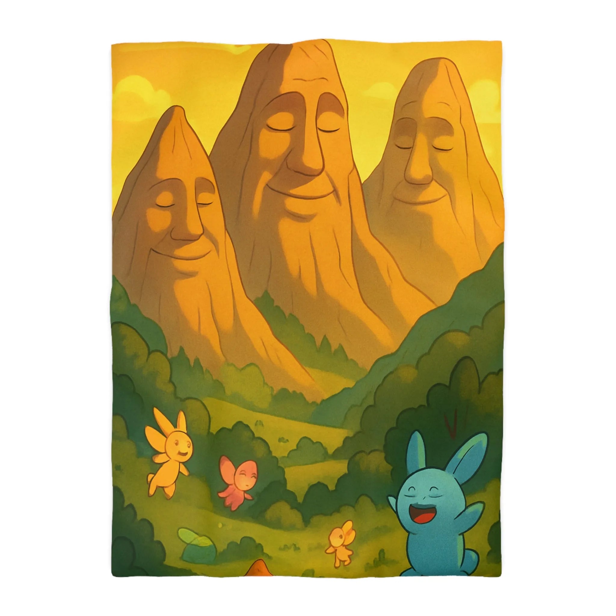 Housse de couette enfantine avec créatures en forêt sous montagnes souriantes au coucher de soleil