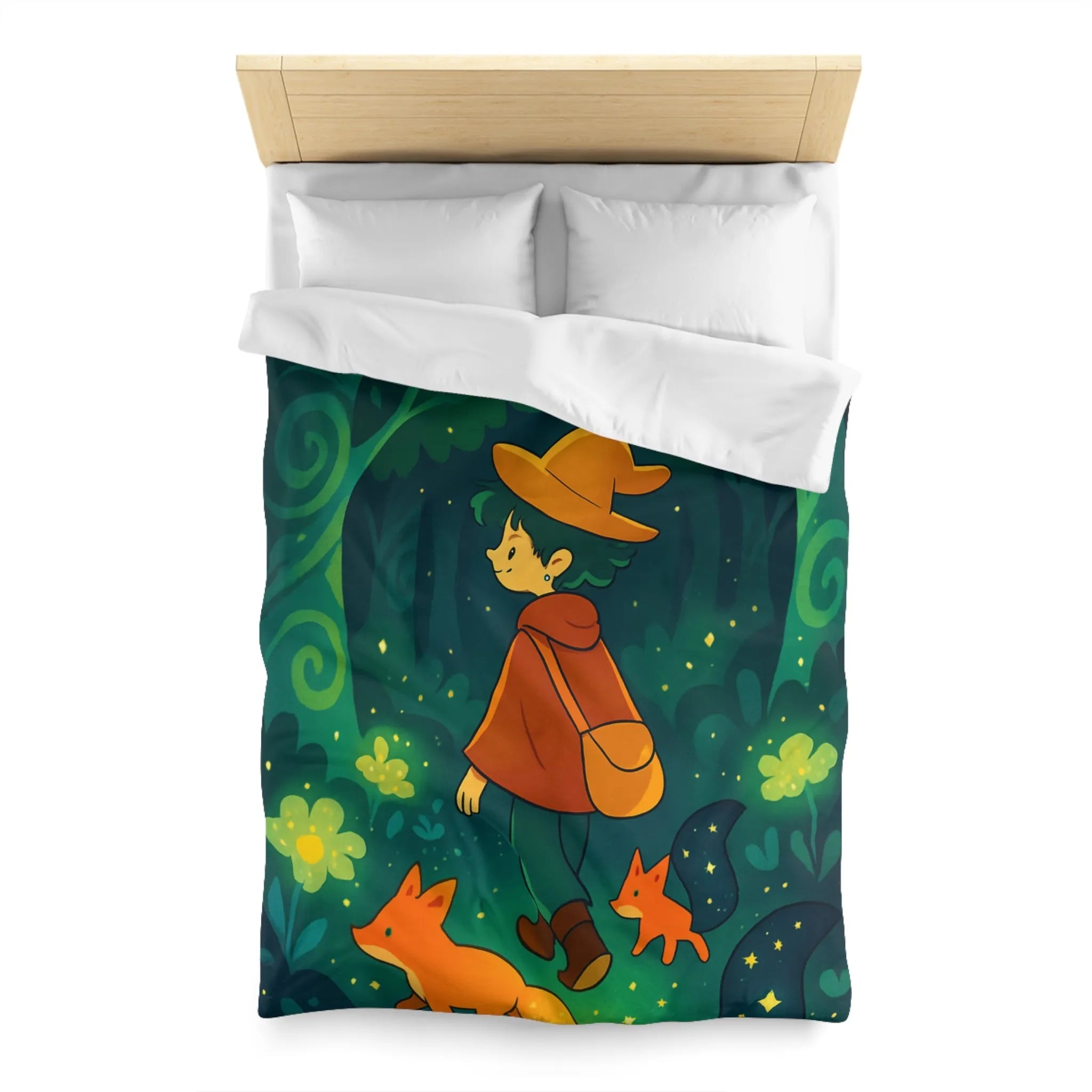 Housse de Couette Forêt Enchantée Enfants Renards Orange Jaune Vert Fantaisie Nuit