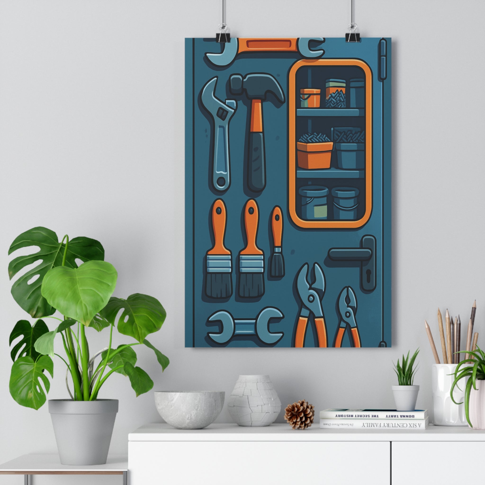 Poster décoratif industriel orange bleu atelier travail unique créatif outils bricolage artistique dynamique 30x46