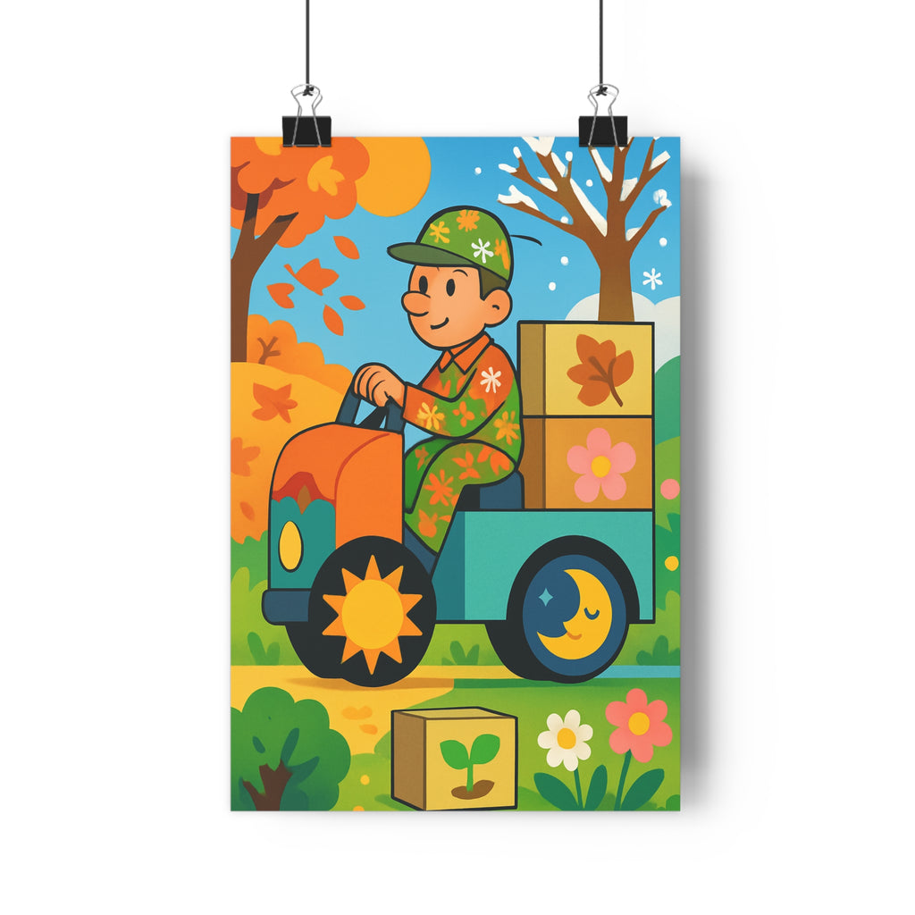 Poster décoratif saisonnier cartoon coloré joyeux salon enfant automne hiver vibrant arbres paysage original