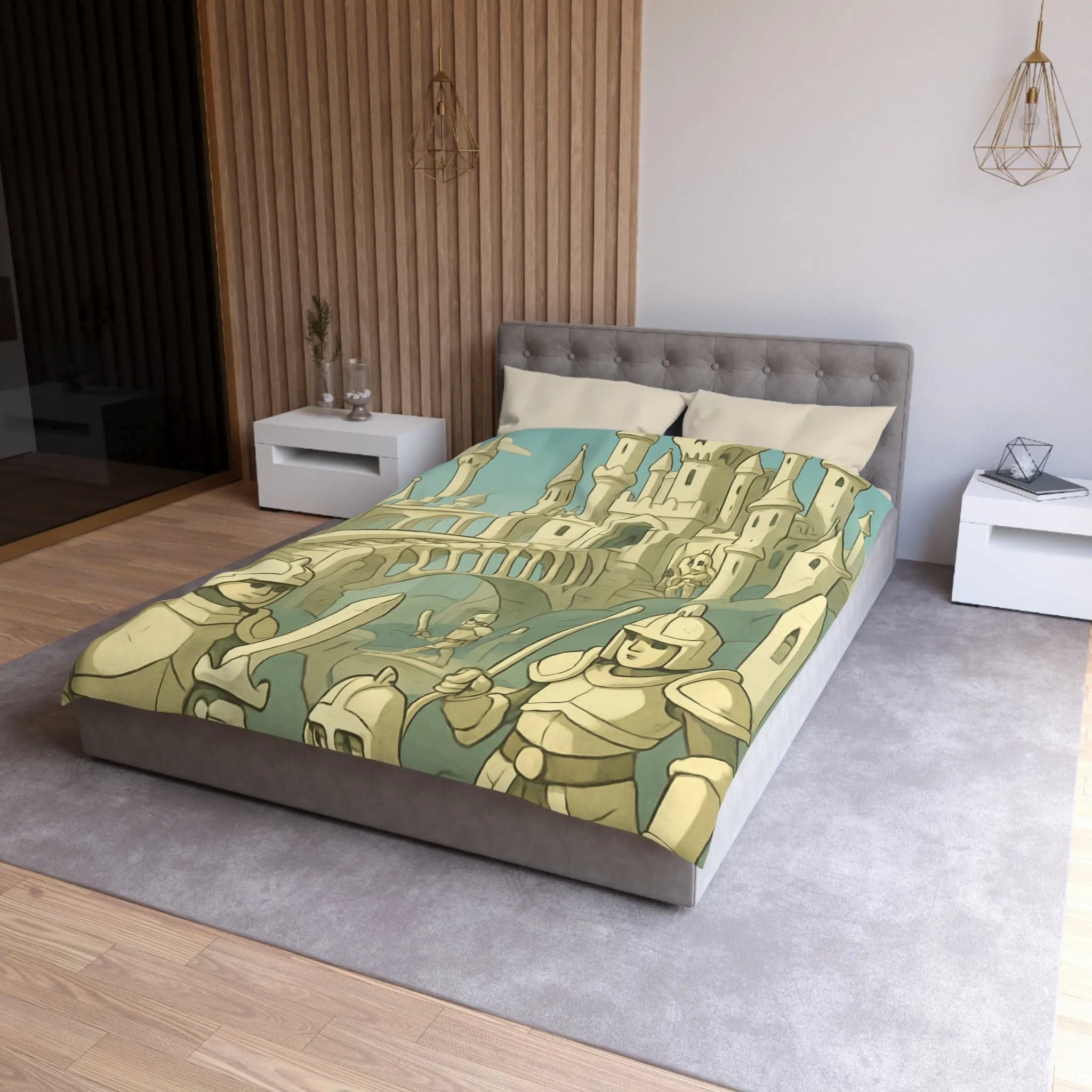 Housse de couette médiévale illustrée avec château crâne et chevaliers en armure