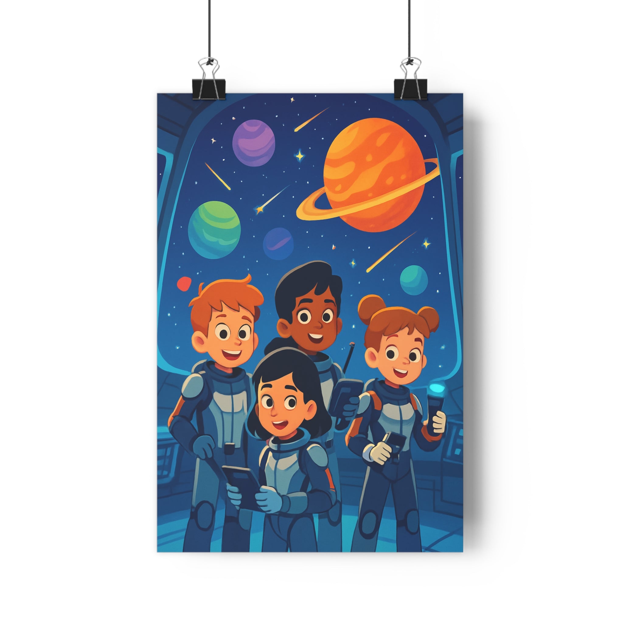 Poster décoratif explorateurs spatiaux bleu orange vert enfant aventure futuriste chambre 30x46 coloré joyeux