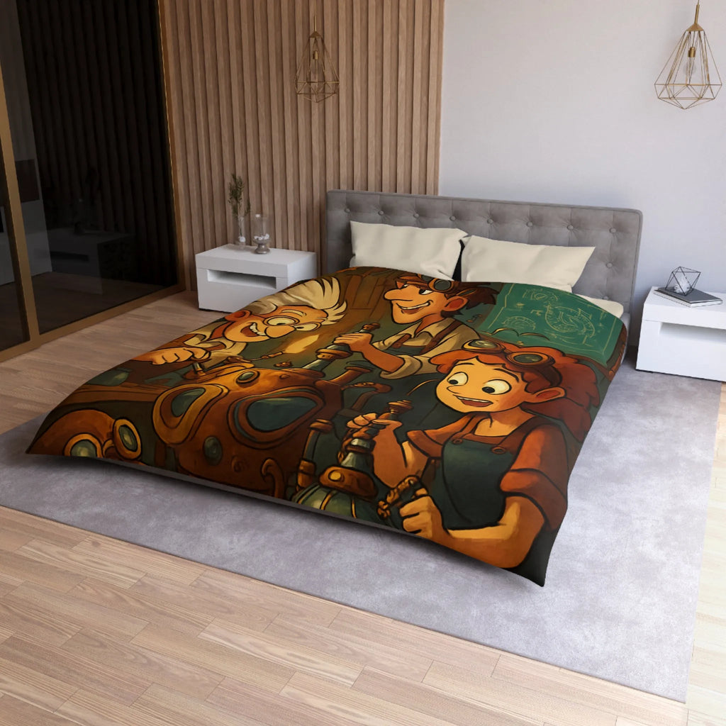 Housse de couette illustrée steampunk avec personnages inventeurs et machines dans atelier