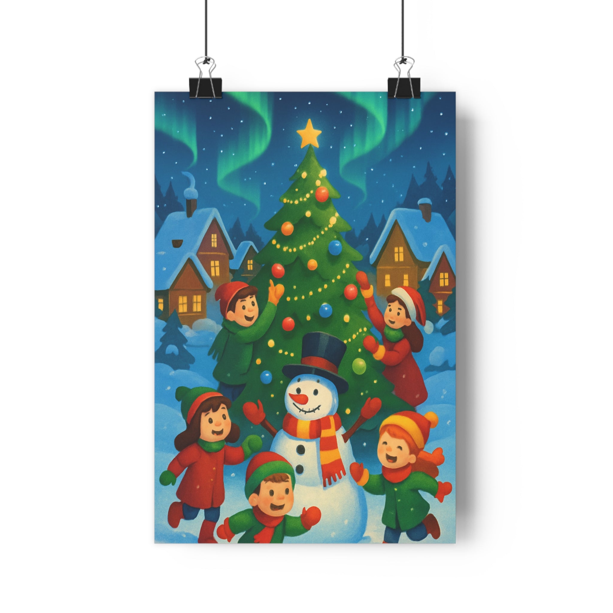 Poster décoratif joyeux enfants hiver neige sapin étoile couleurs chaudes chambre salon maison ambiance