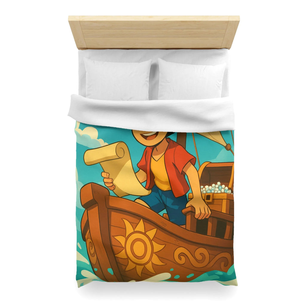 Douce housse de couette enfant motif pirate joyeux en bateau sur vagues bleues