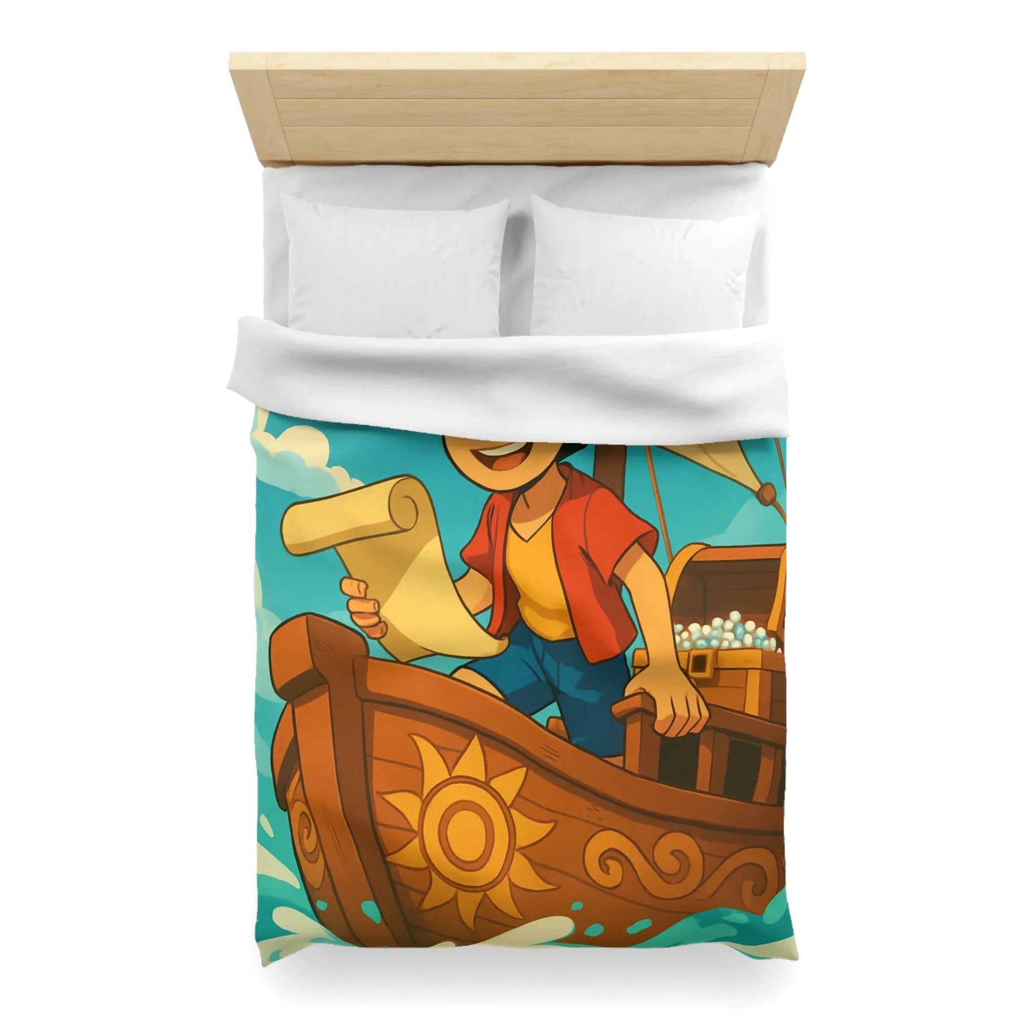 Douce housse de couette enfant motif pirate joyeux en bateau sur vagues bleues