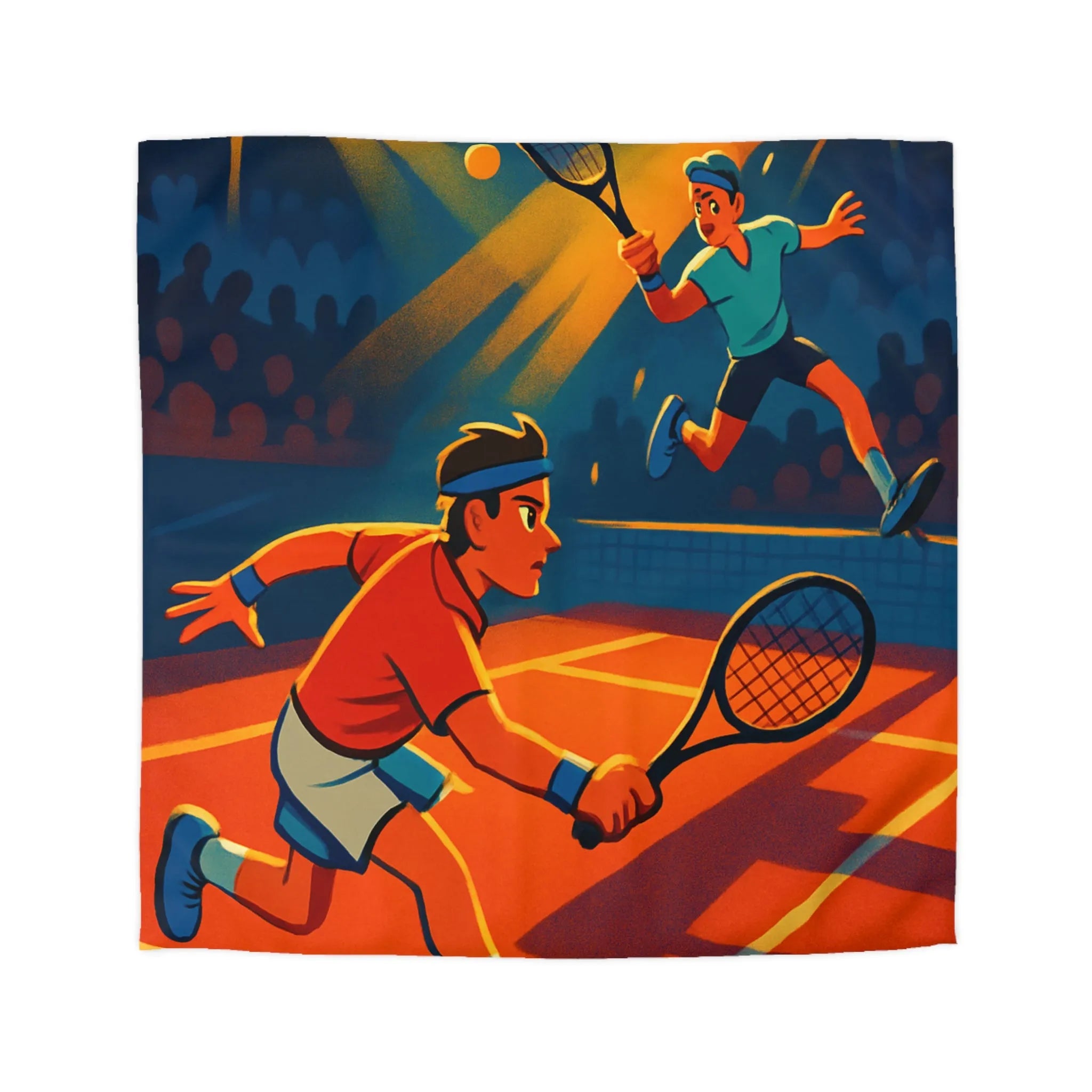 Housse de couette dynamique illustrant un match de tennis intense sous projecteurs éclatants