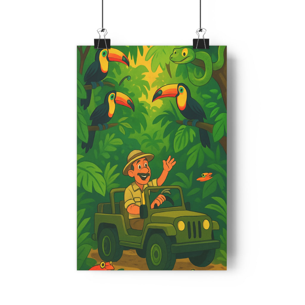Poster décoratif jungle coloré cartoon vert jaune aventure explorateur enfant salon chambre joyeux graphique