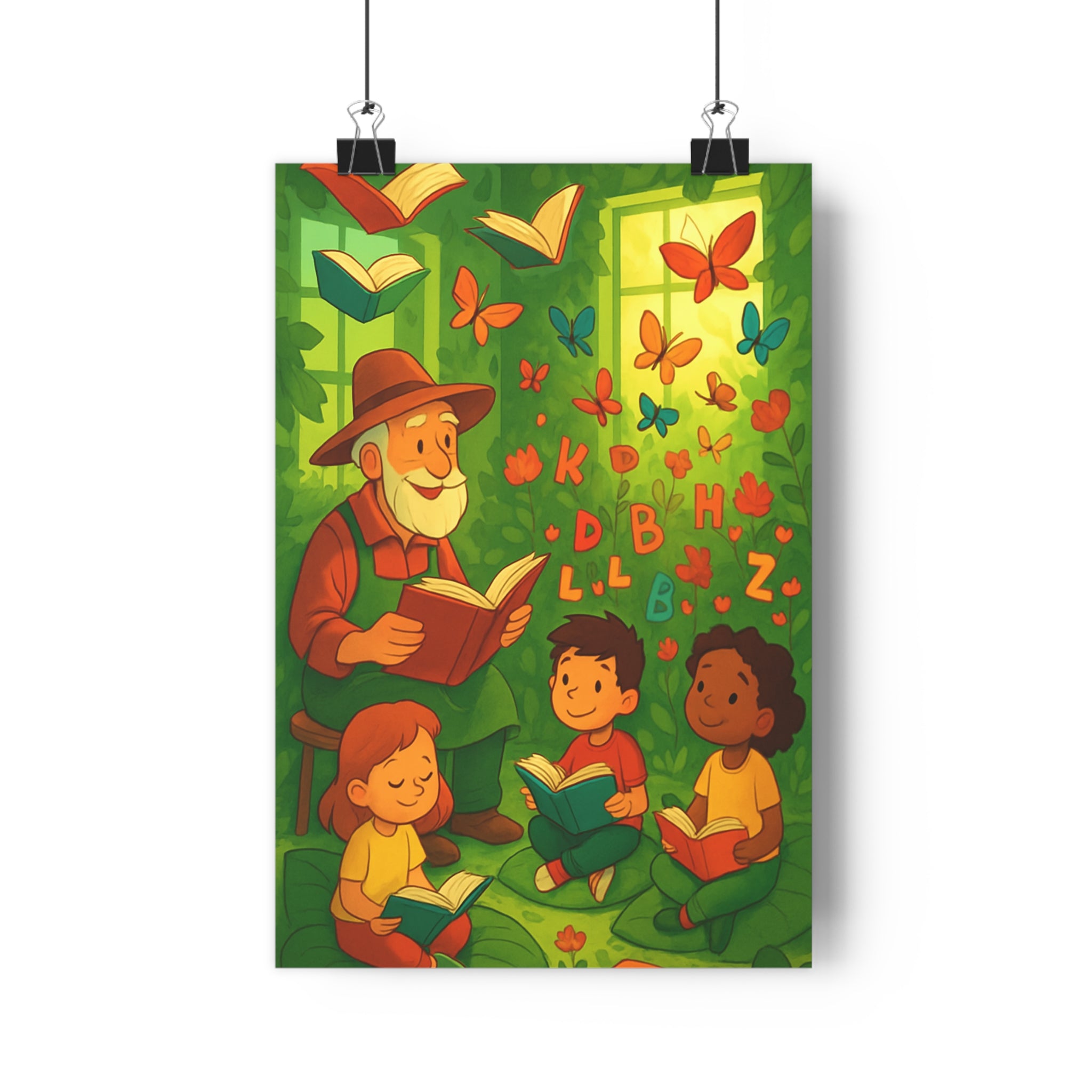 Poster décoratif éducatif poétique enchanteur vert orange bleu chambres enfants lecture atmosphère magique papillons