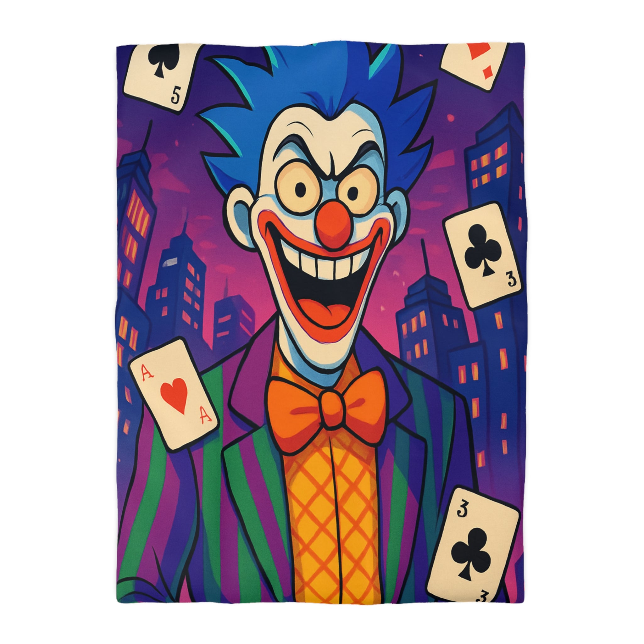 Housse de couette vibrante avec clown effrayant et cartes à jouer en arrière-plan urbain