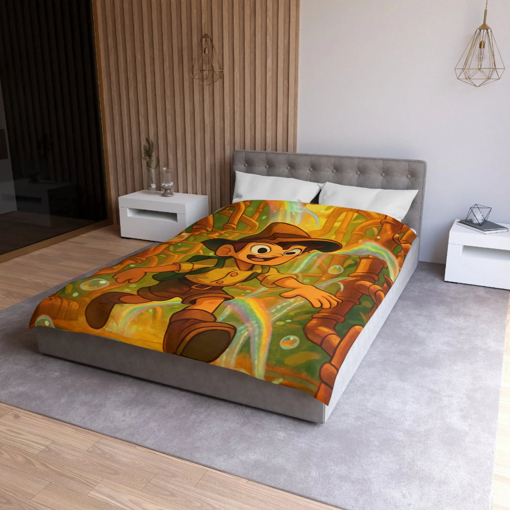 Housse de couette enfantine : garçon explorateur, tuyaux dorés, arcs-en-ciel et bulles joyeuses