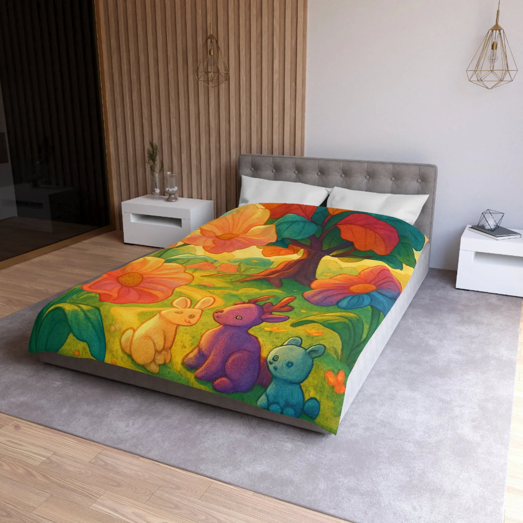 Housse de couette avec animaux mignons et fleurs colorées dans une forêt féerique