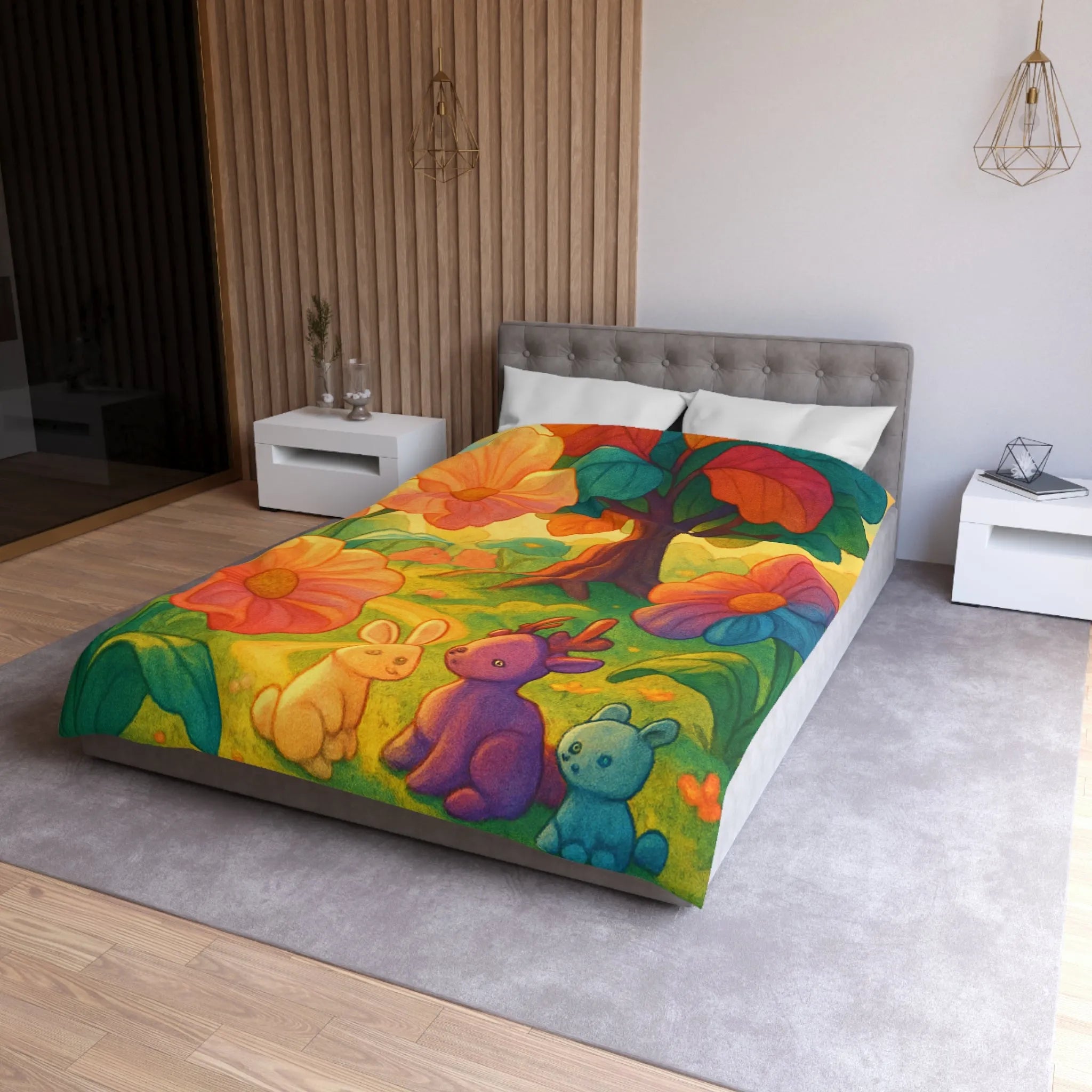 Housse de couette avec animaux mignons et fleurs colorées dans une forêt féerique