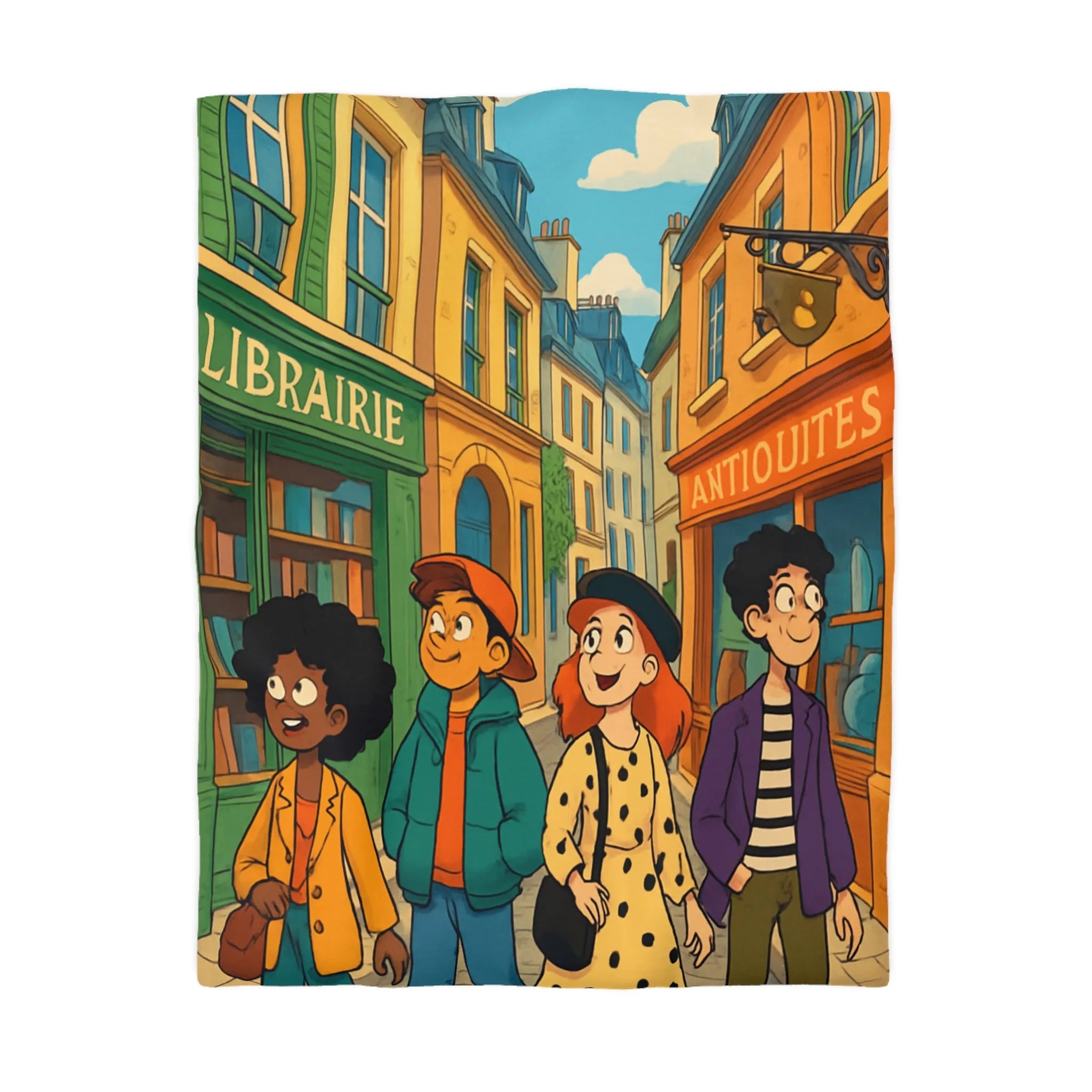 Housse de couette élégante avec design de rue parisienne animée et jeunes explorateurs