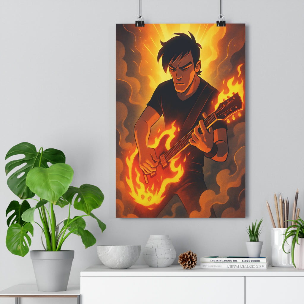 Poster décoratif intense guitare flammes orange jaune moderne musique créatif chambre format 30x46 cm