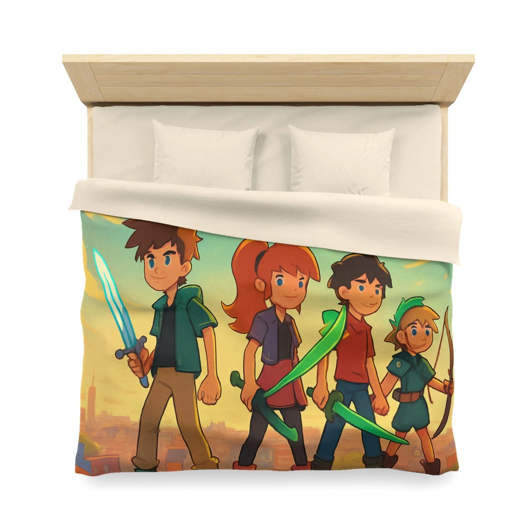 Housse de couette colorée avec quatre héros et ciel étoilé multicolore