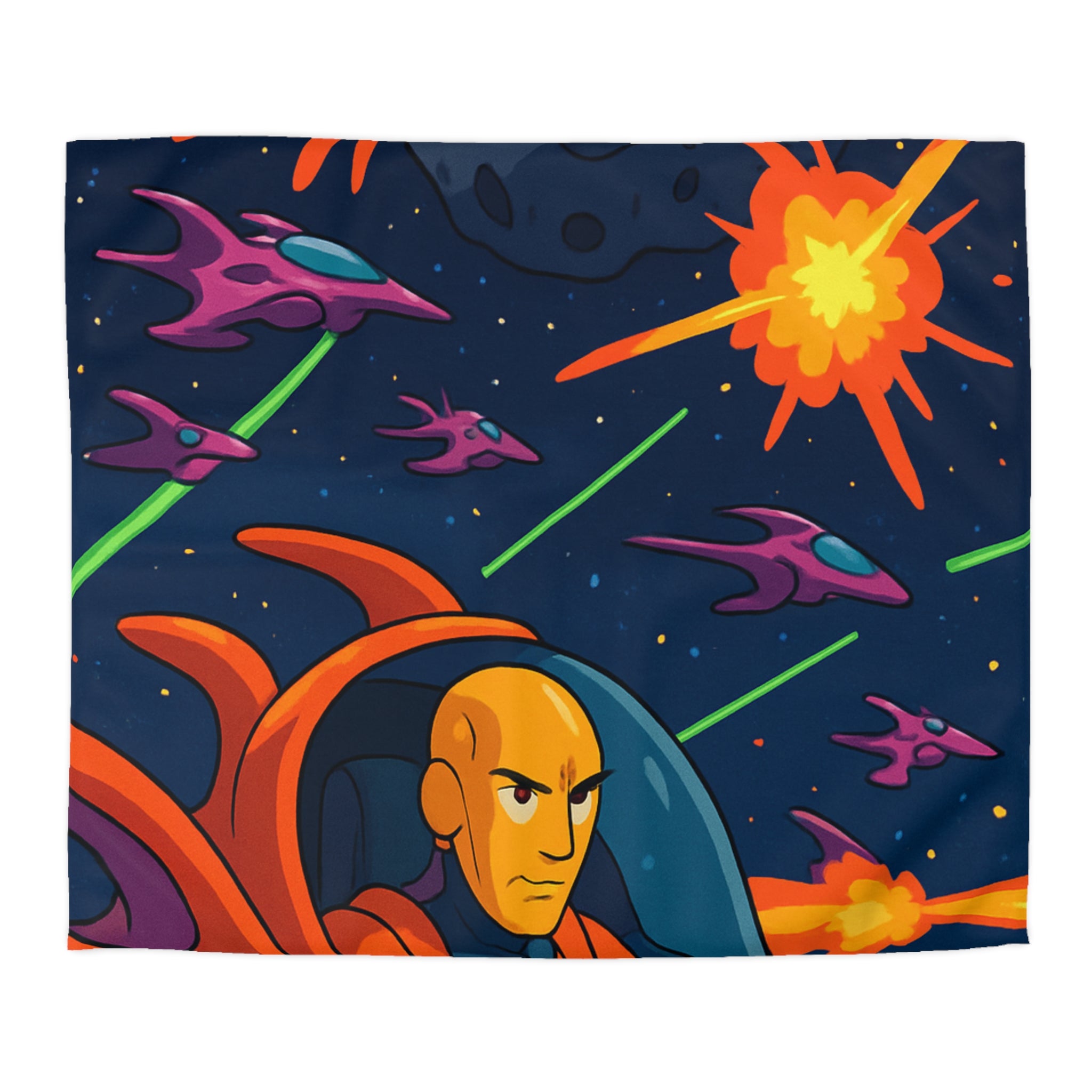 Housse de couette style rétro avec vaisseaux spatiaux et astéroïdes en explosion