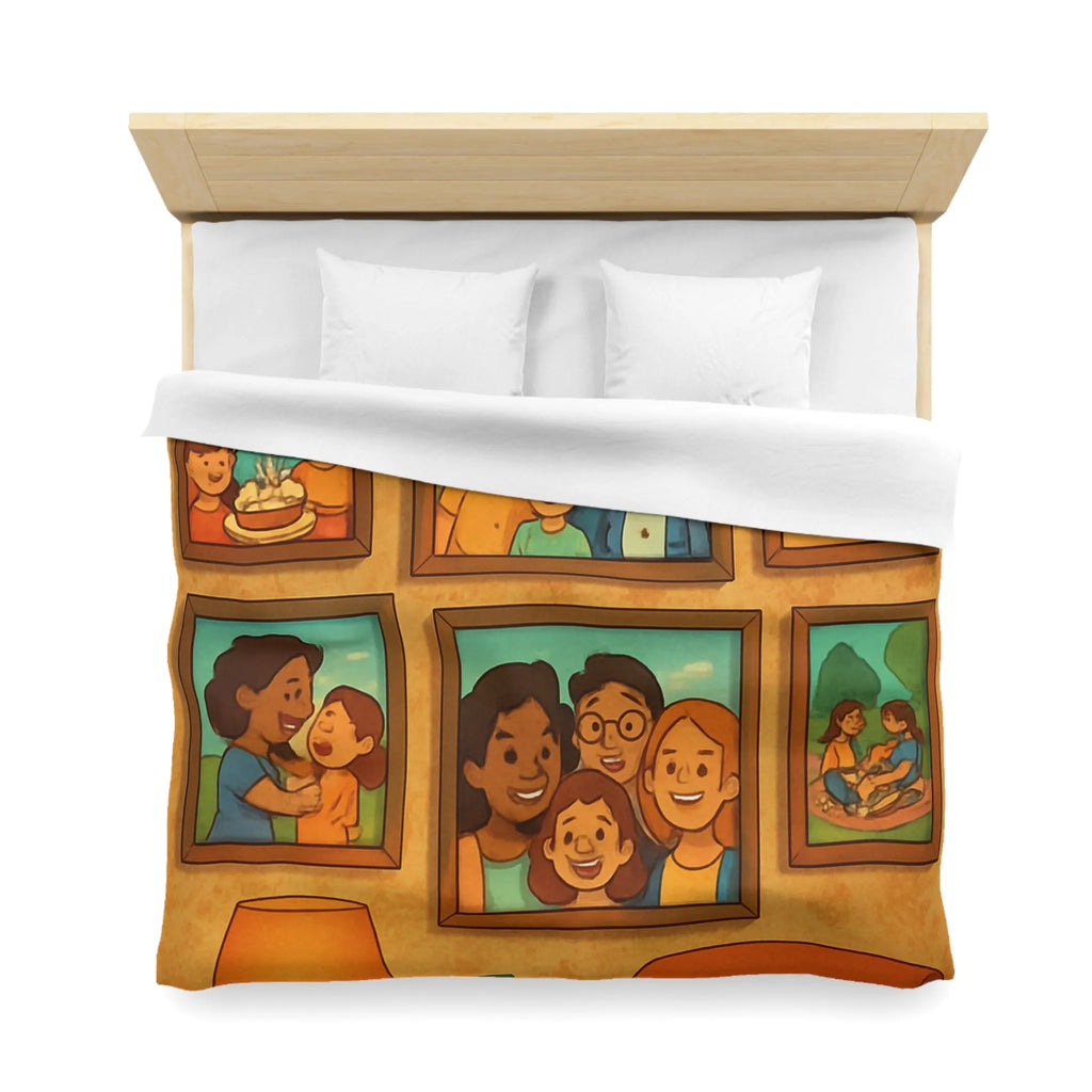 Housse de Couette Famille Heureuse avec Cadres Photo et Éléments Vintage pour Chambre