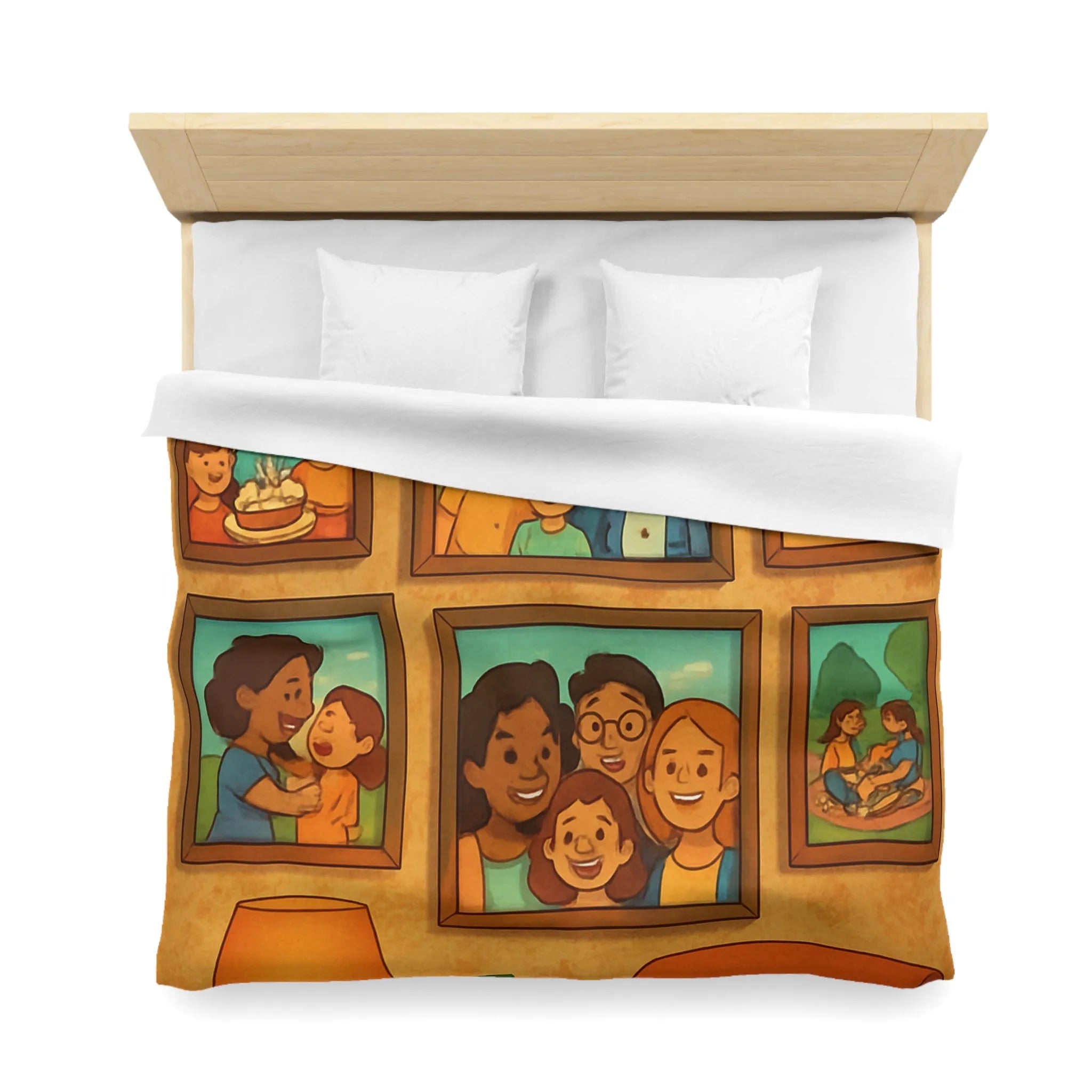 Housse de Couette Famille Heureuse avec Cadres Photo et Éléments Vintage pour Chambre