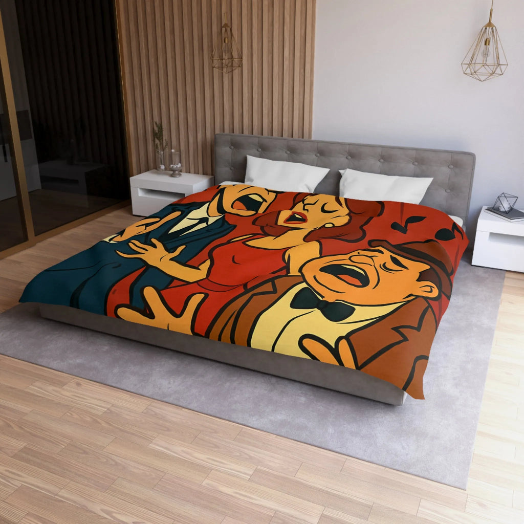 Ensemble vocal vintage animé exubérant, scène musicale rétro avec fond rouge et notes