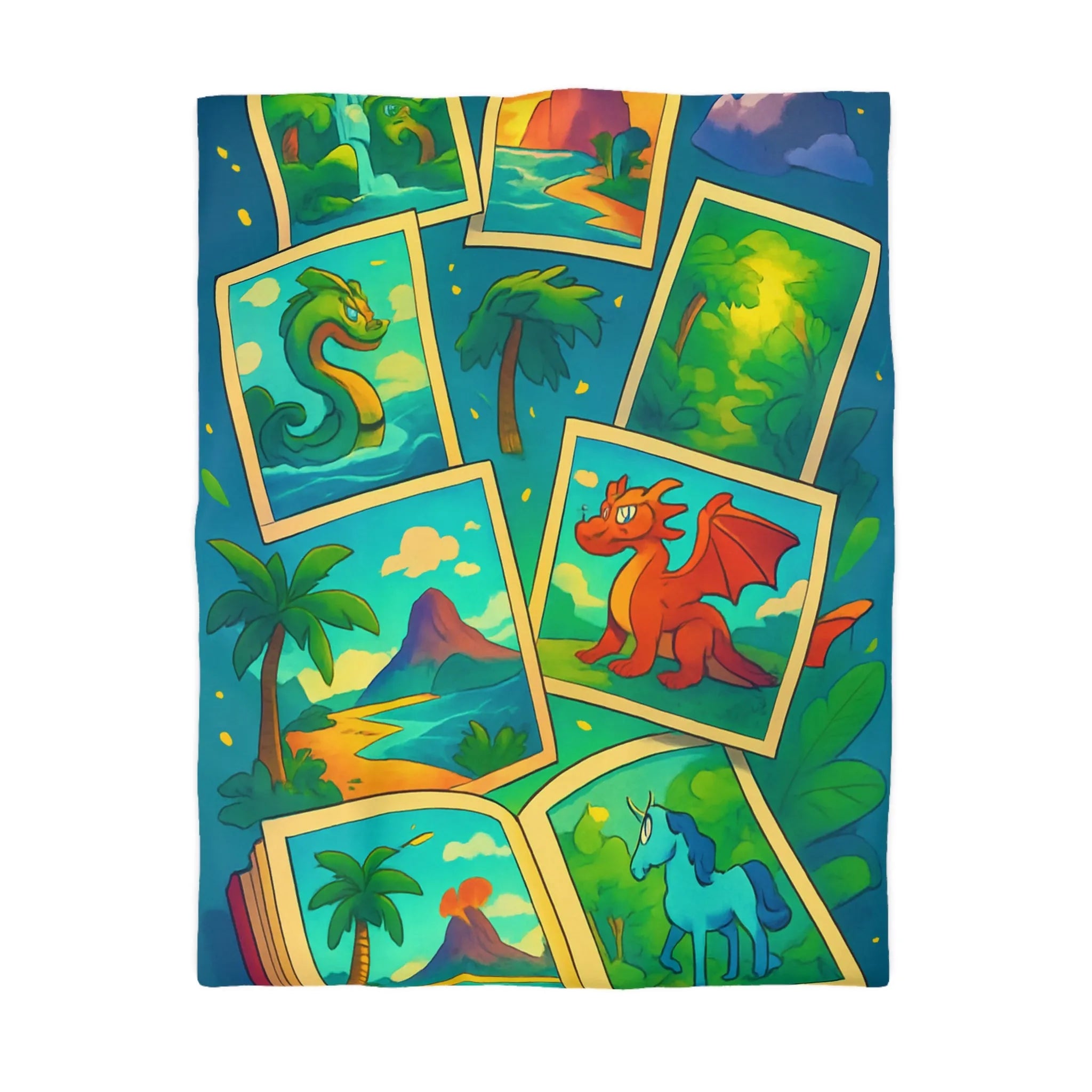 Housse de couette avec illustrations magiques de dragons, licornes et paysages enchanteurs