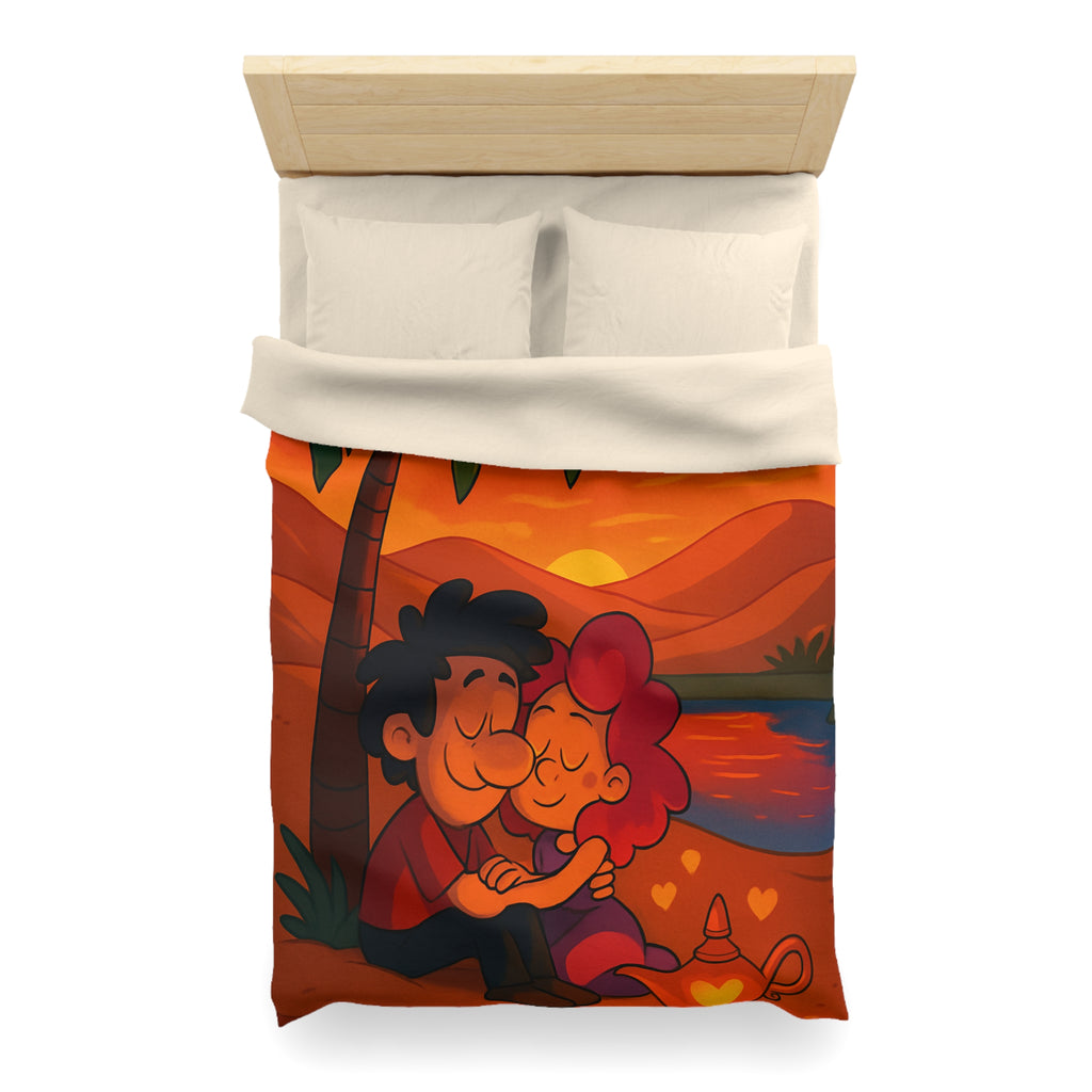 Housse de couette romantique avec couple câlin et coucher de soleil magique désertique