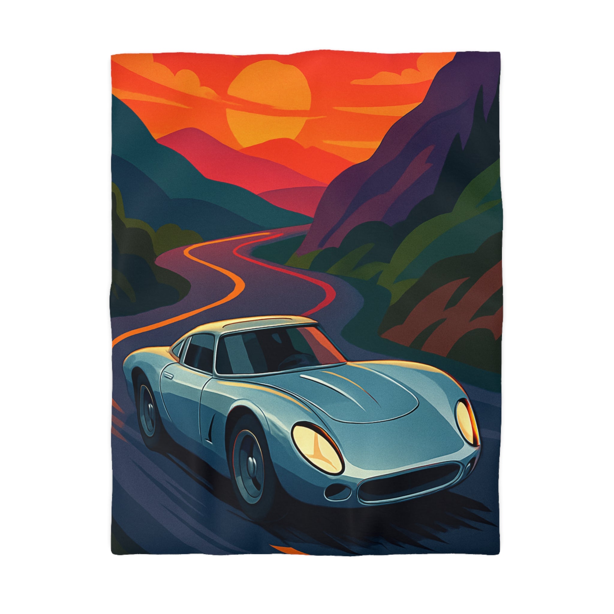 Housse de couette voiture sportive vintage sur route sinueuse au coucher de soleil vibrant