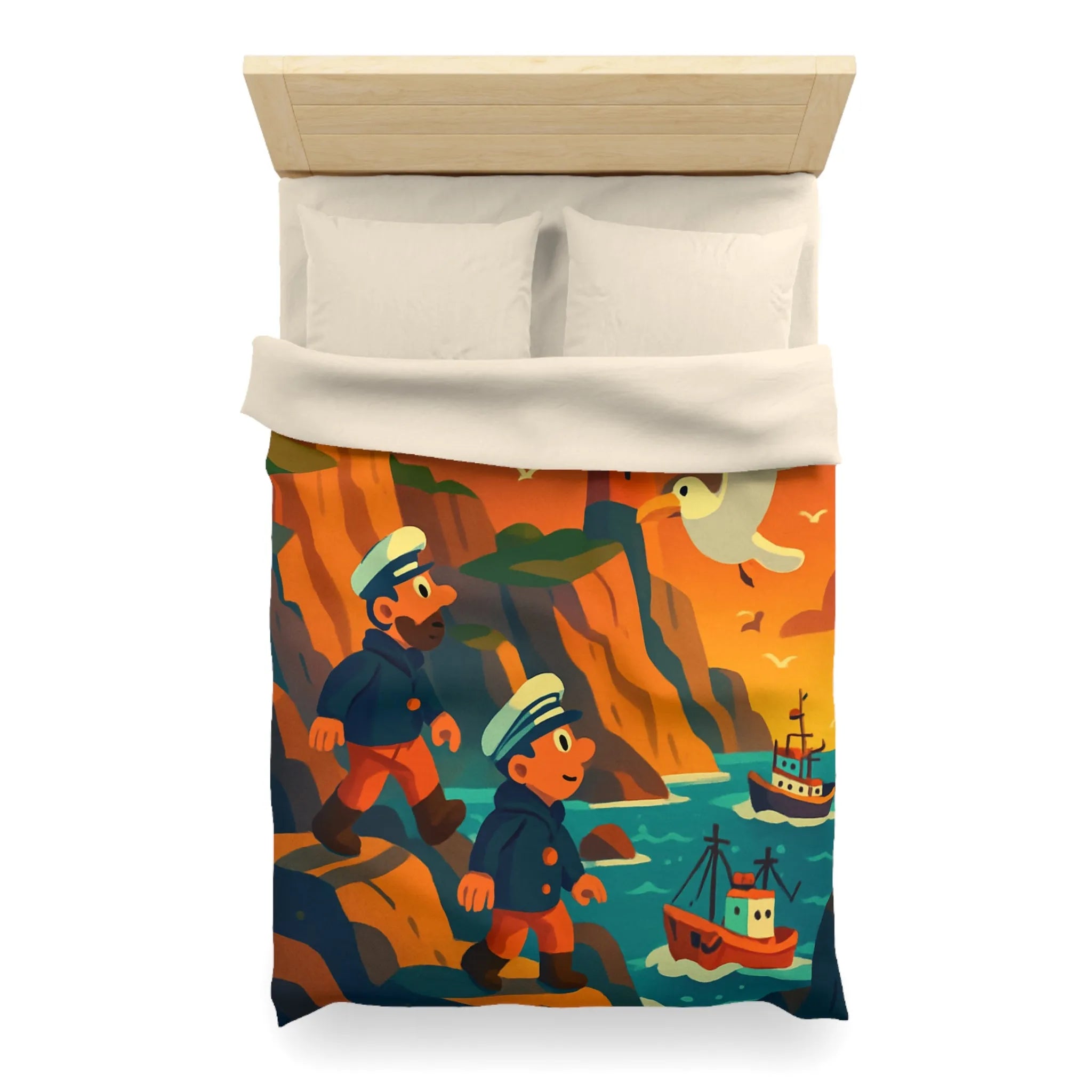 Housse de couette maritime colorée avec phares et marins au coucher du soleil