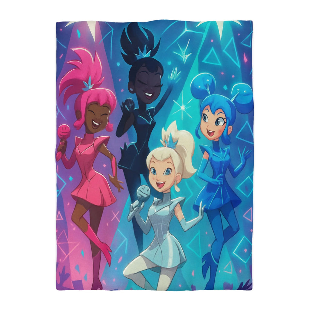 Housse de couette colorée avec personnages chantants et motifs géométriques lumineux