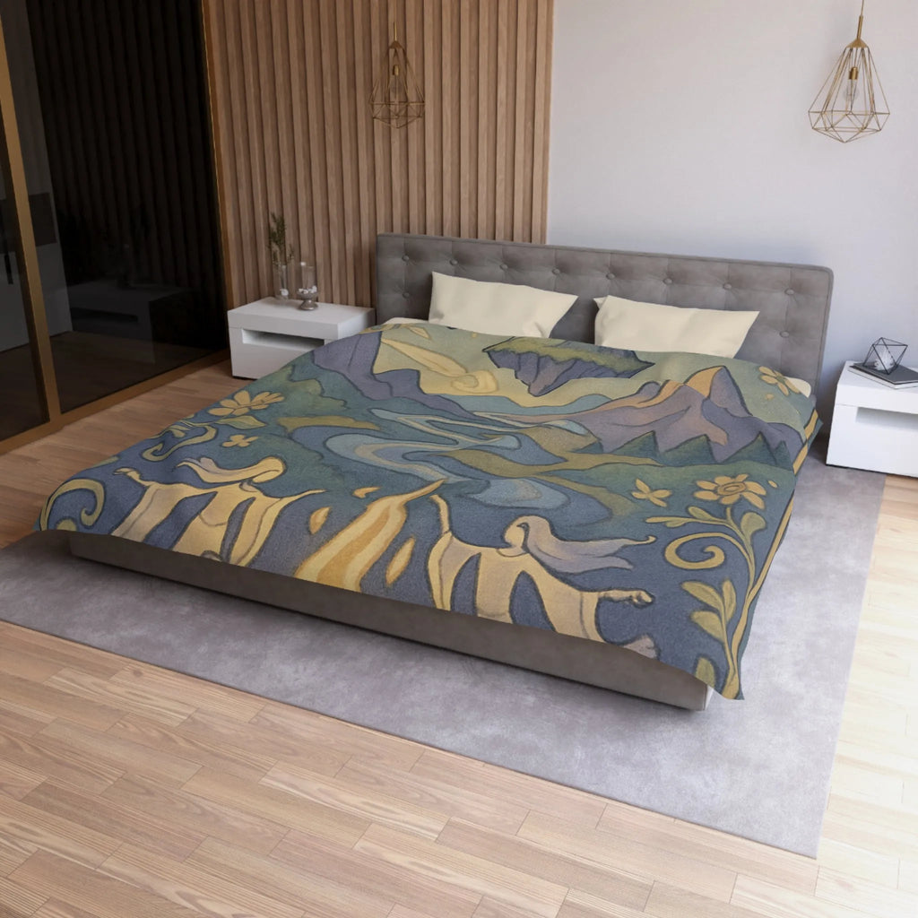 Housse de couette artistique avec montagnes flottantes et paysage féerique sous les étoiles